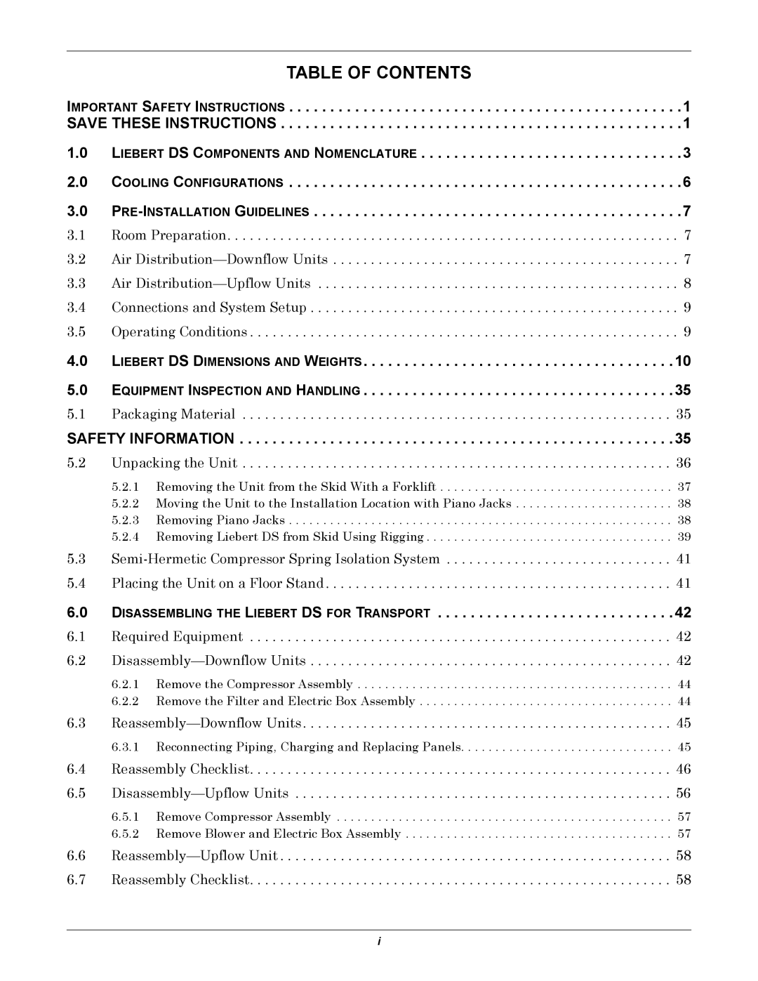 Liebert DS user manual Table of Contents 