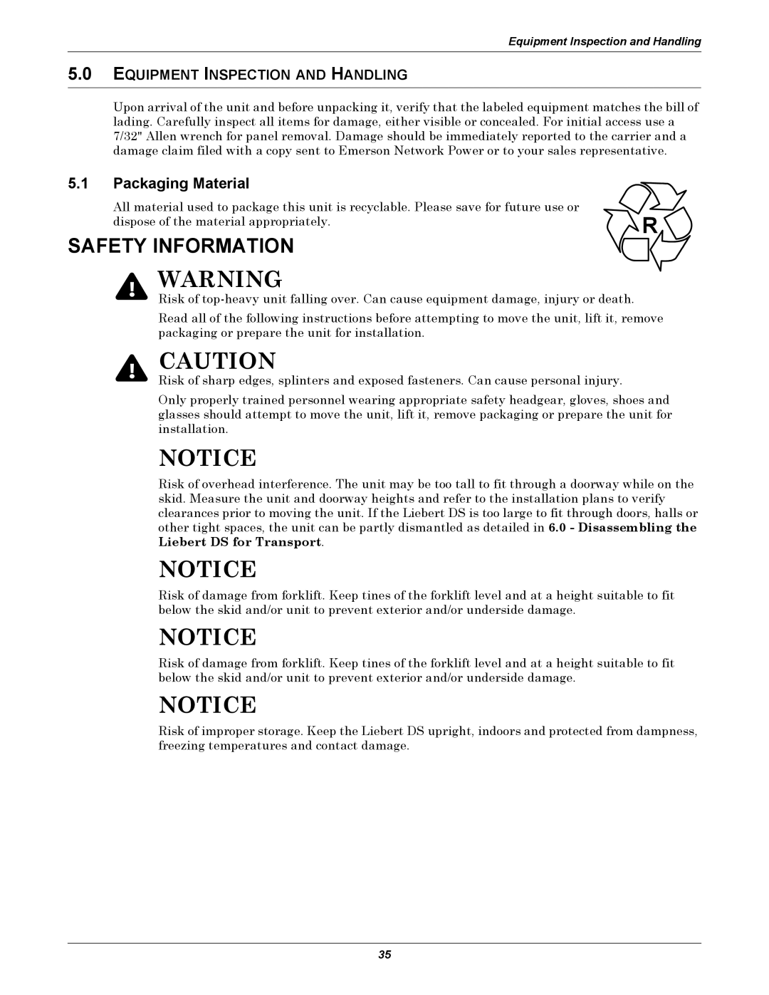 Liebert DS user manual Packaging Material, Equipment Inspection and Handling 