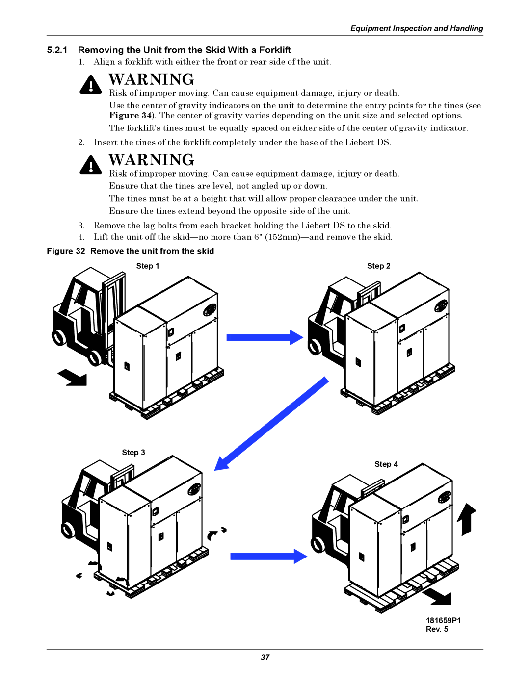 Liebert DS user manual Removing the Unit from the Skid With a Forklift, Step 