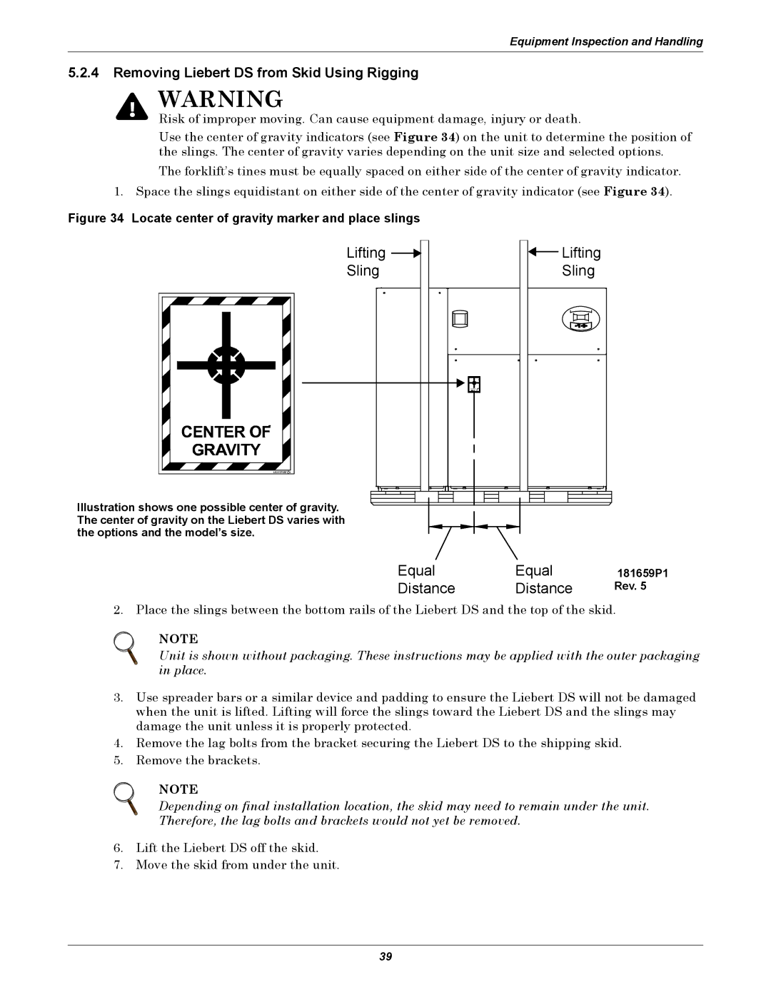 Liebert user manual Removing Liebert DS from Skid Using Rigging, Rev 