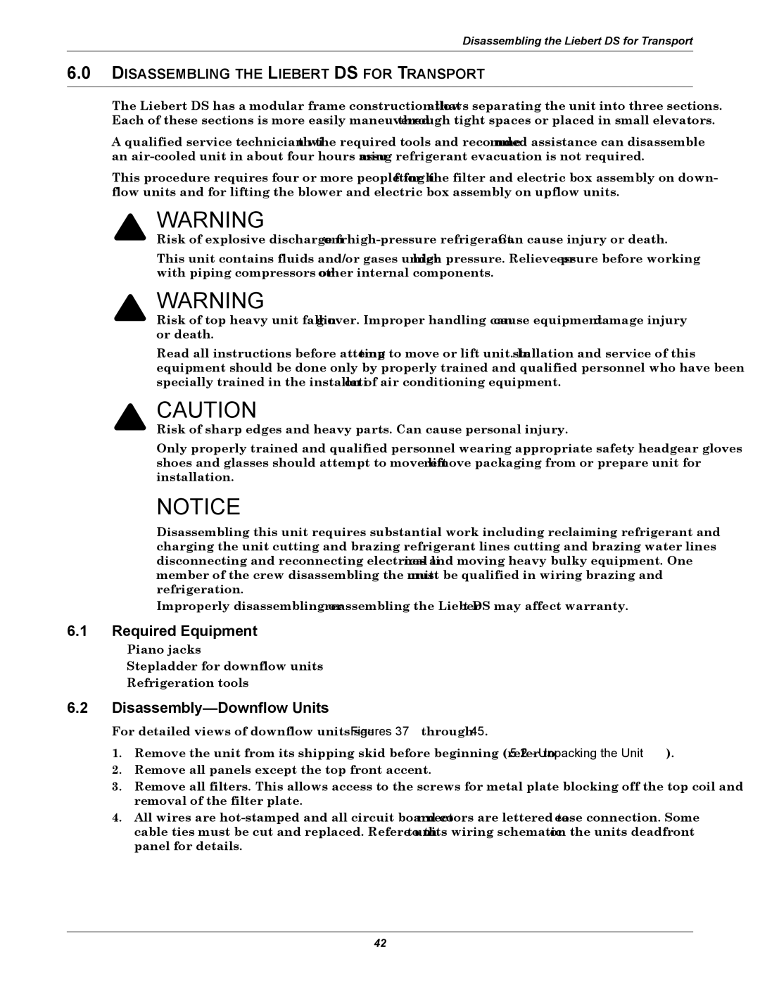 Liebert user manual Required Equipment, Disassembly-Downflow Units, Disassembling the Liebert DS for Transport 