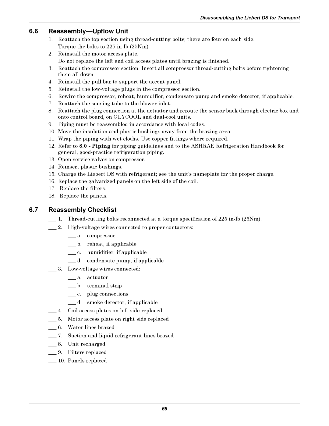 Liebert DS user manual Reassembly-Upflow Unit, Reassembly Checklist 