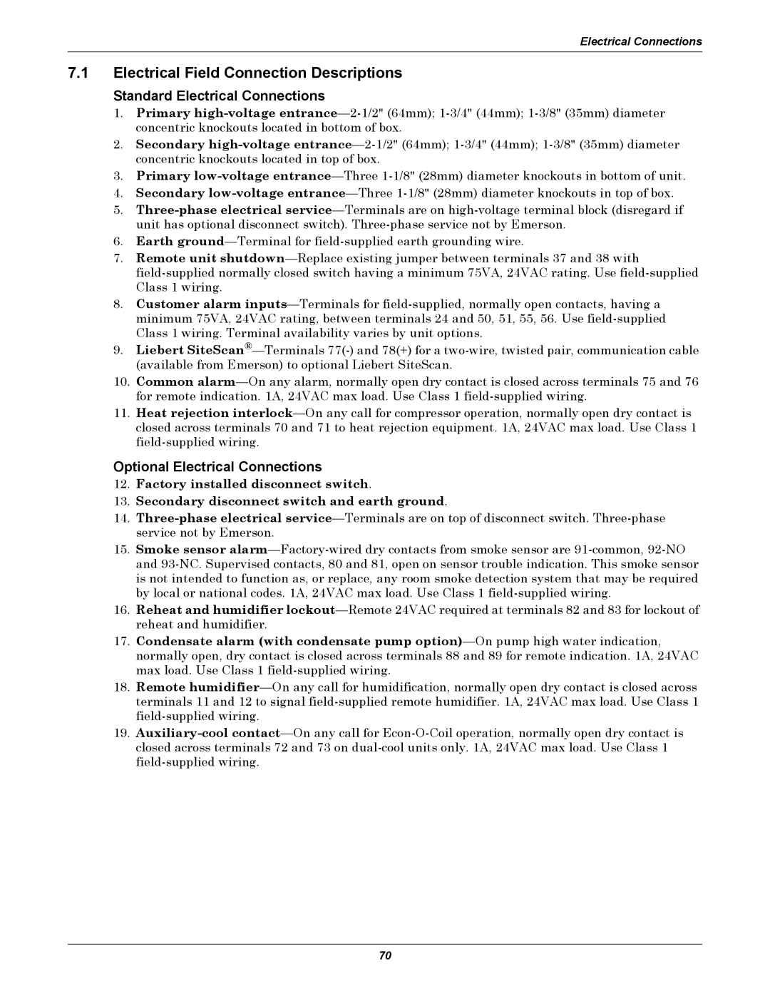 Liebert DS Electrical Field Connection Descriptions, Standard Electrical Connections, Optional Electrical Connections 