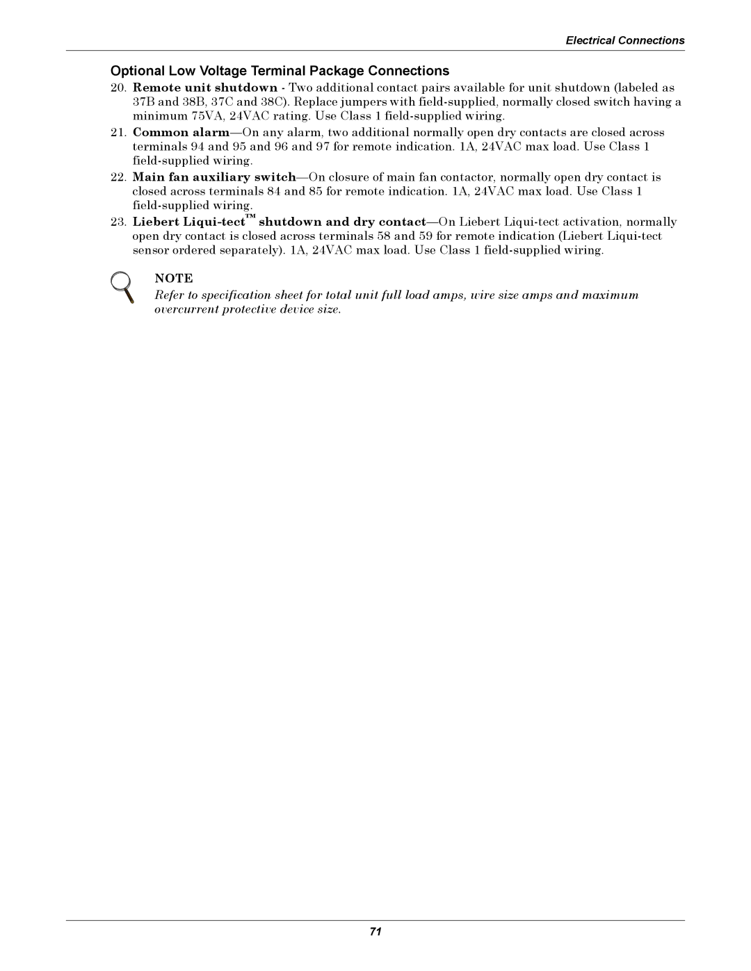 Liebert DS user manual Optional Low Voltage Terminal Package Connections 