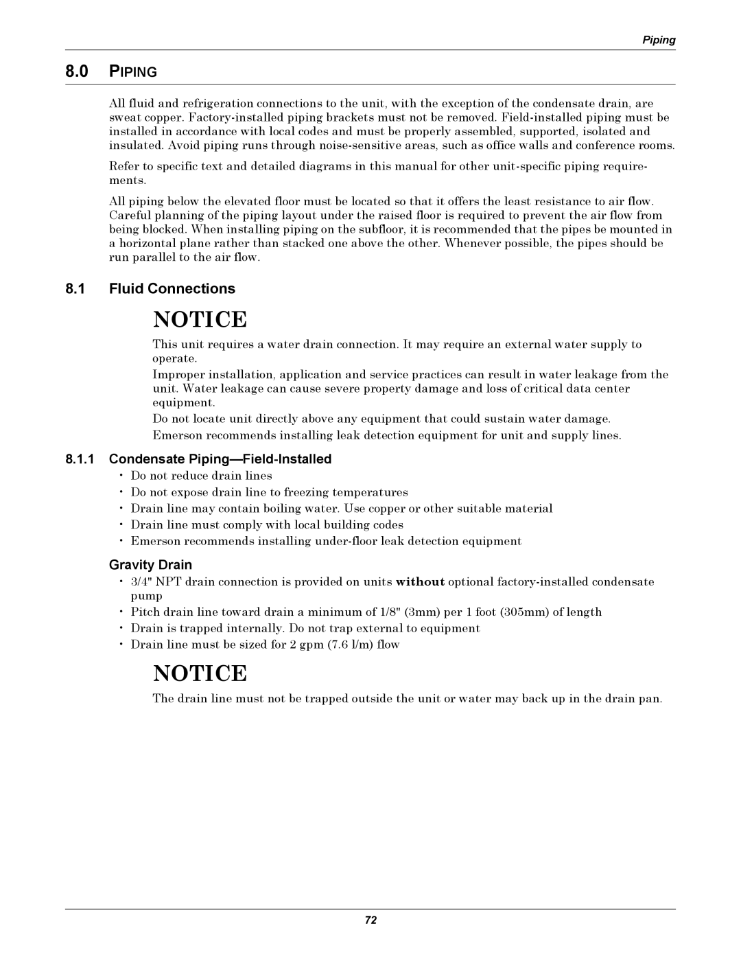 Liebert DS user manual Fluid Connections, Condensate Piping-Field-Installed, Gravity Drain 