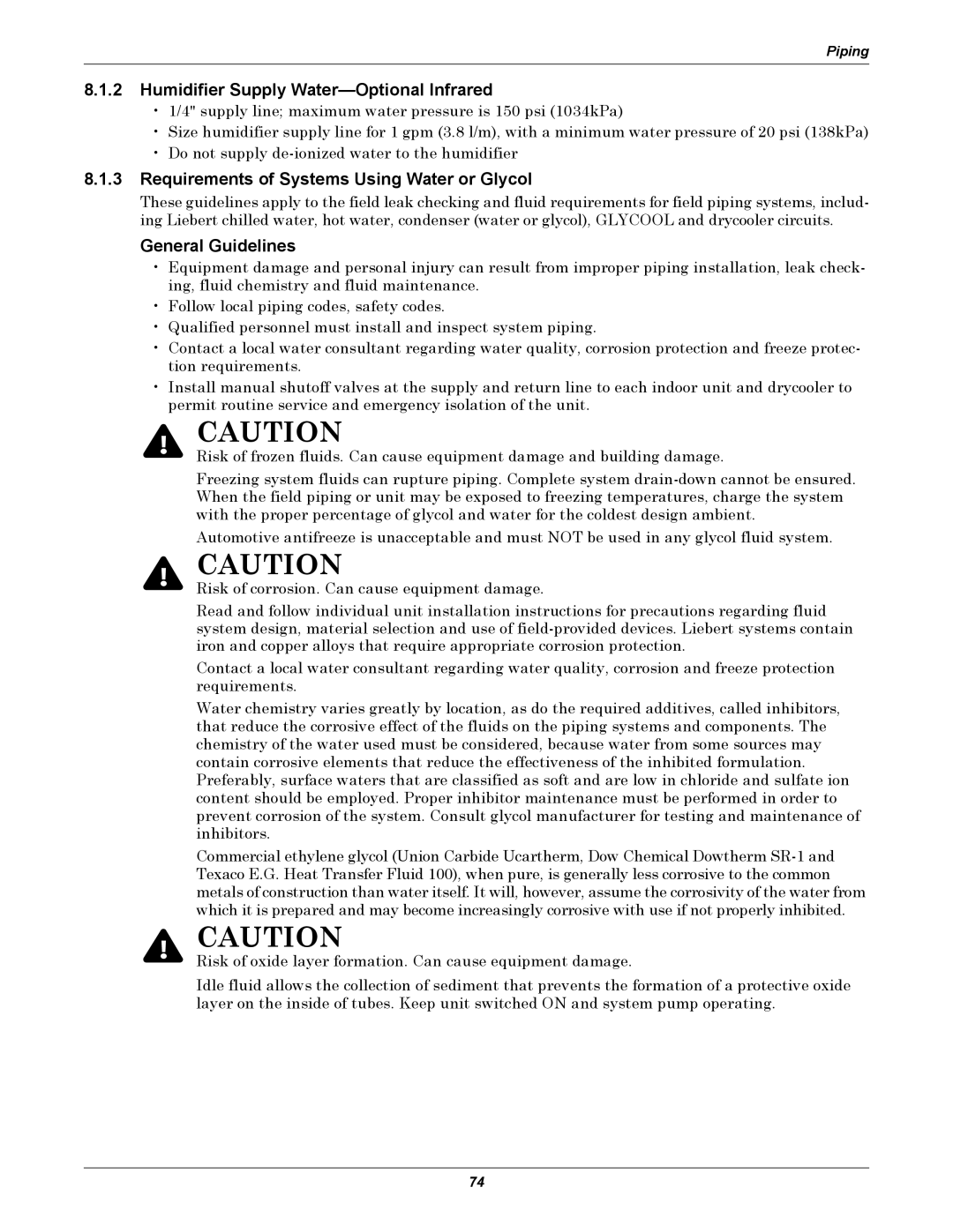 Liebert DS Humidifier Supply Water-Optional Infrared, Requirements of Systems Using Water or Glycol, General Guidelines 