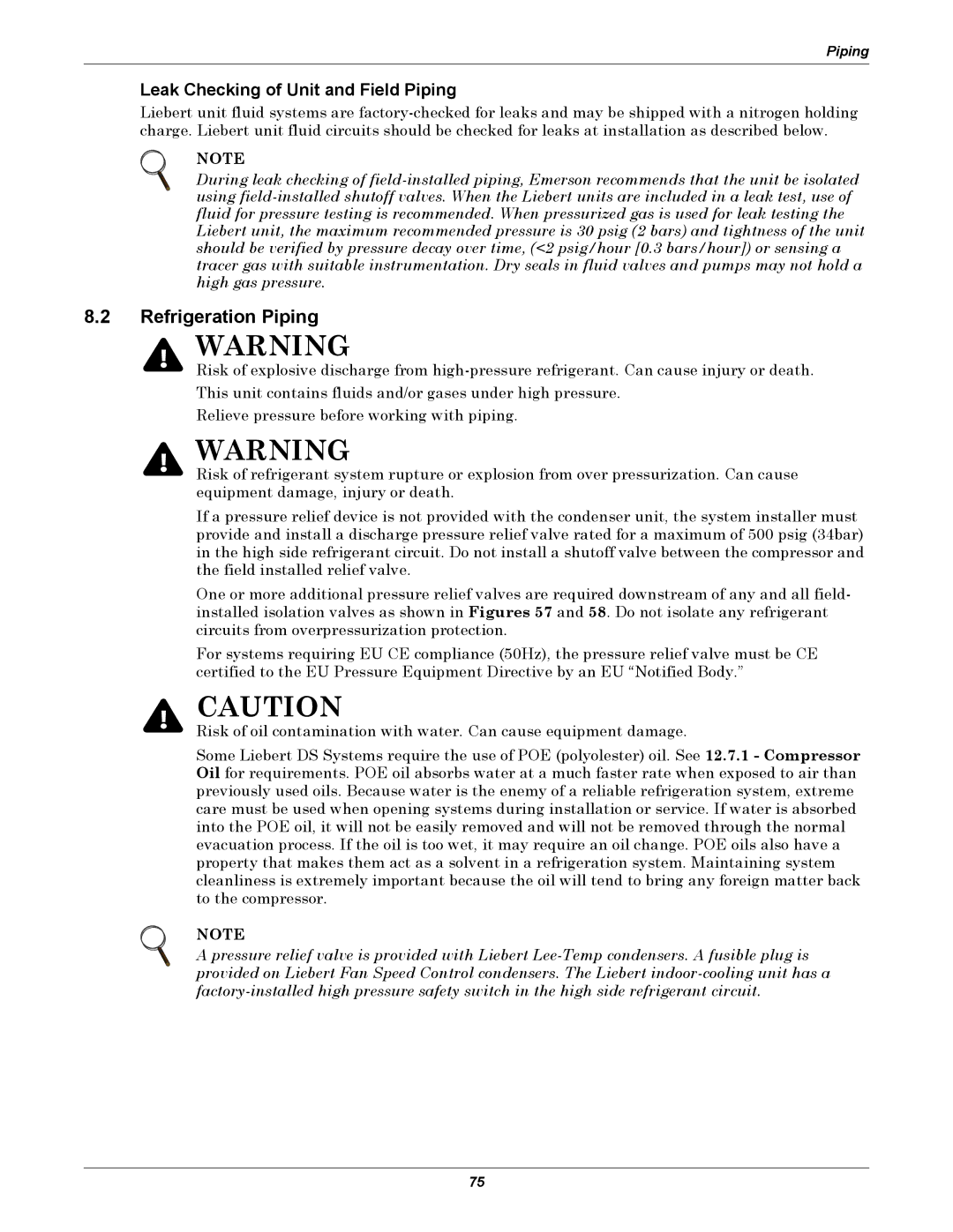 Liebert DS user manual Refrigeration Piping, Leak Checking of Unit and Field Piping 