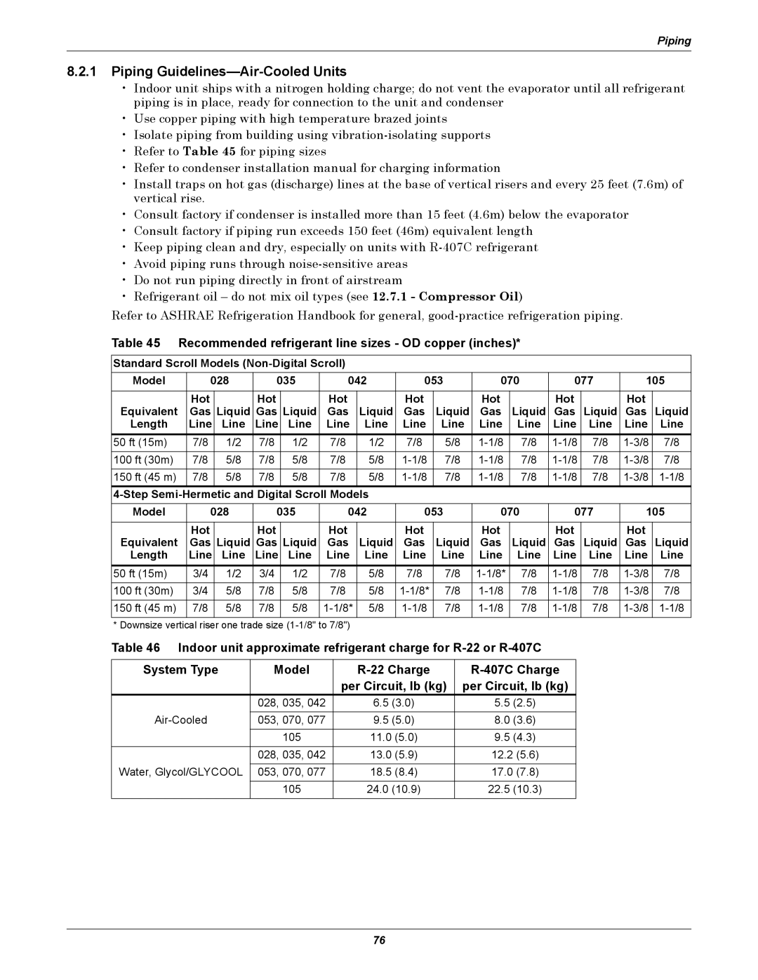 Liebert DS user manual Piping Guidelines-Air-Cooled Units, Recommended refrigerant line sizes OD copper inches 