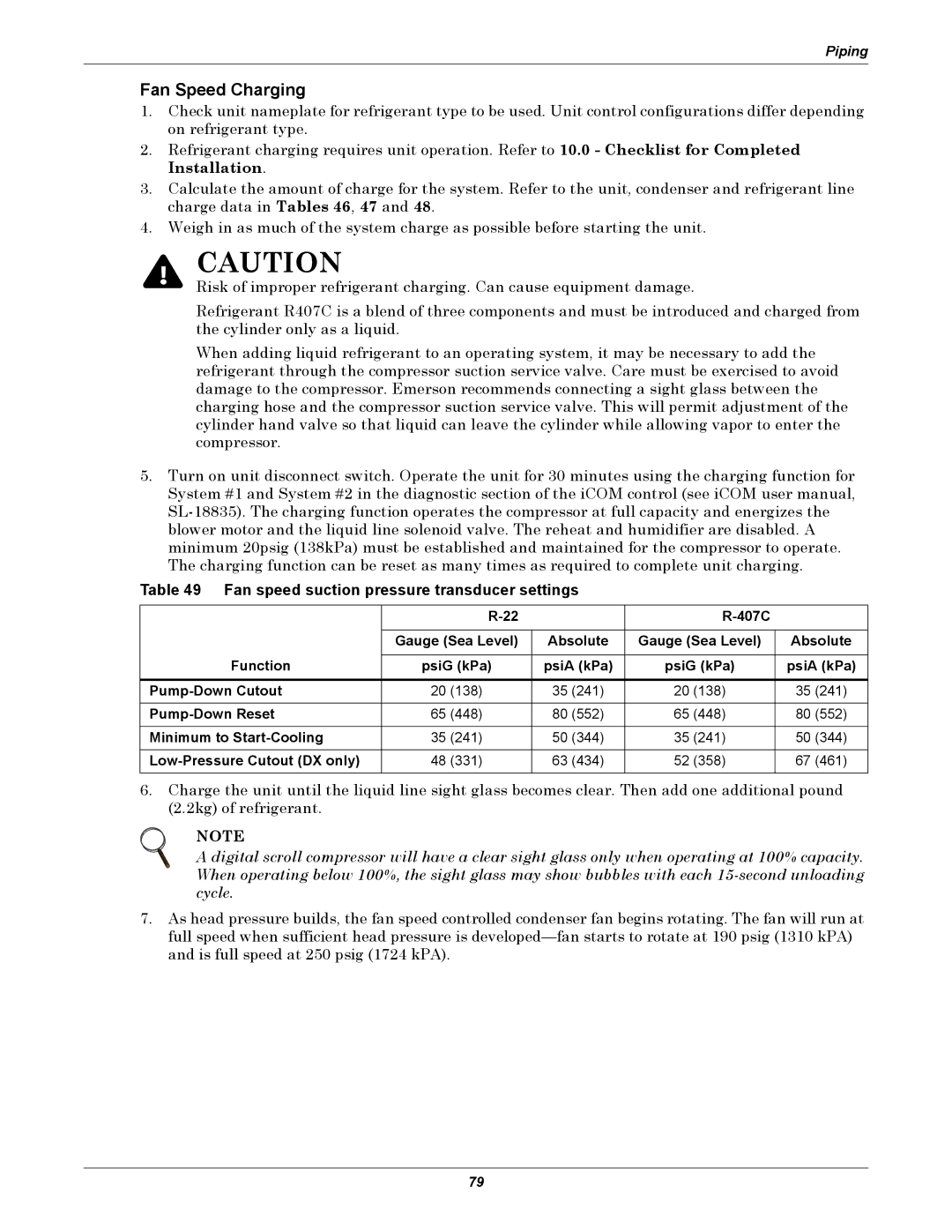 Liebert DS user manual Fan Speed Charging, Fan speed suction pressure transducer settings 