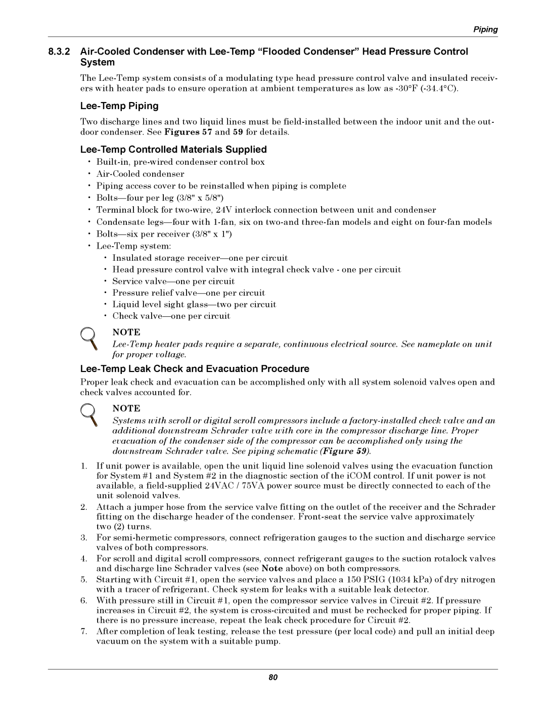Liebert DS Lee-Temp Piping, Lee-Temp Controlled Materials Supplied, Lee-Temp Leak Check and Evacuation Procedure 