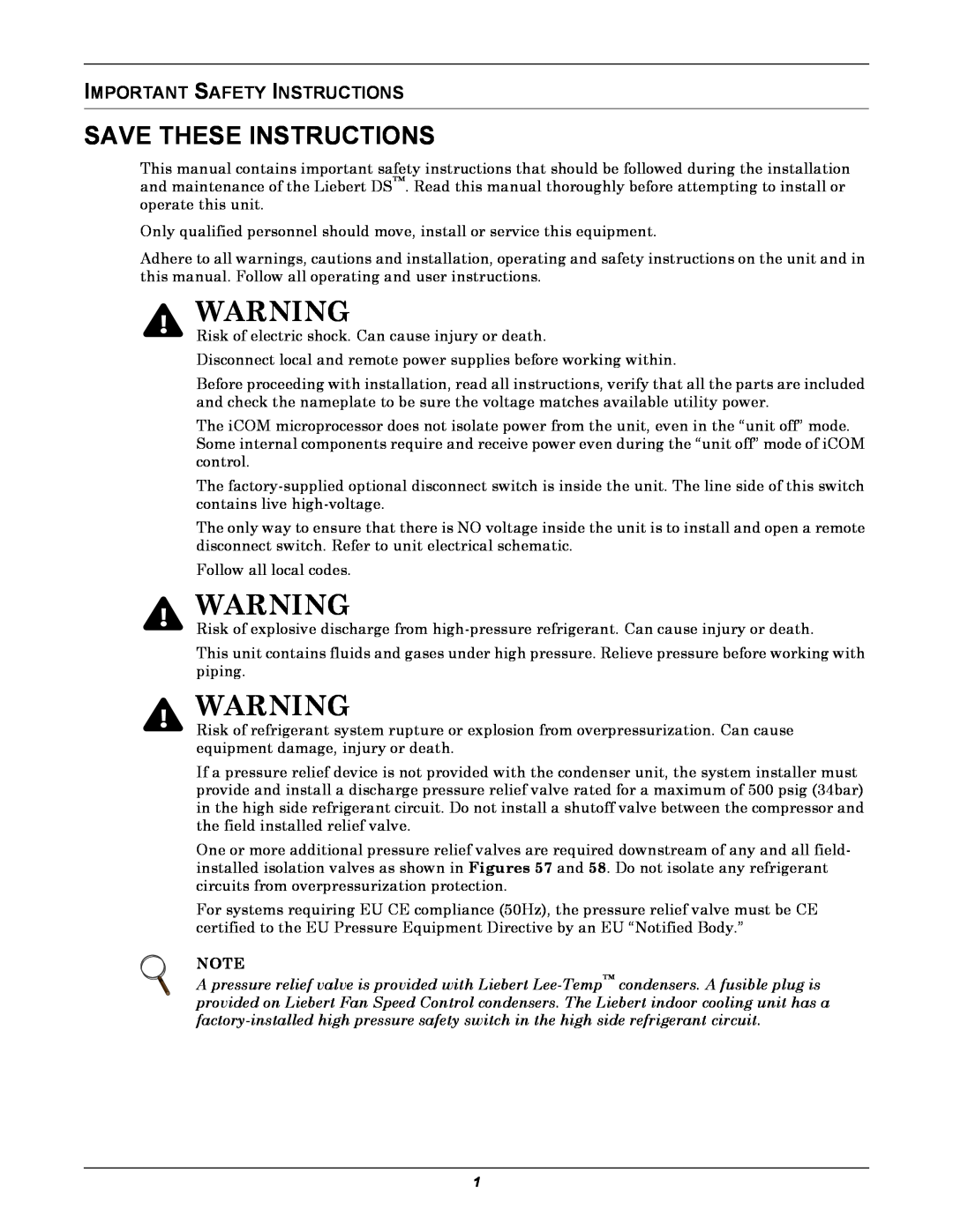 Liebert DS user manual Save These Instructions, Important Safety Instructions 