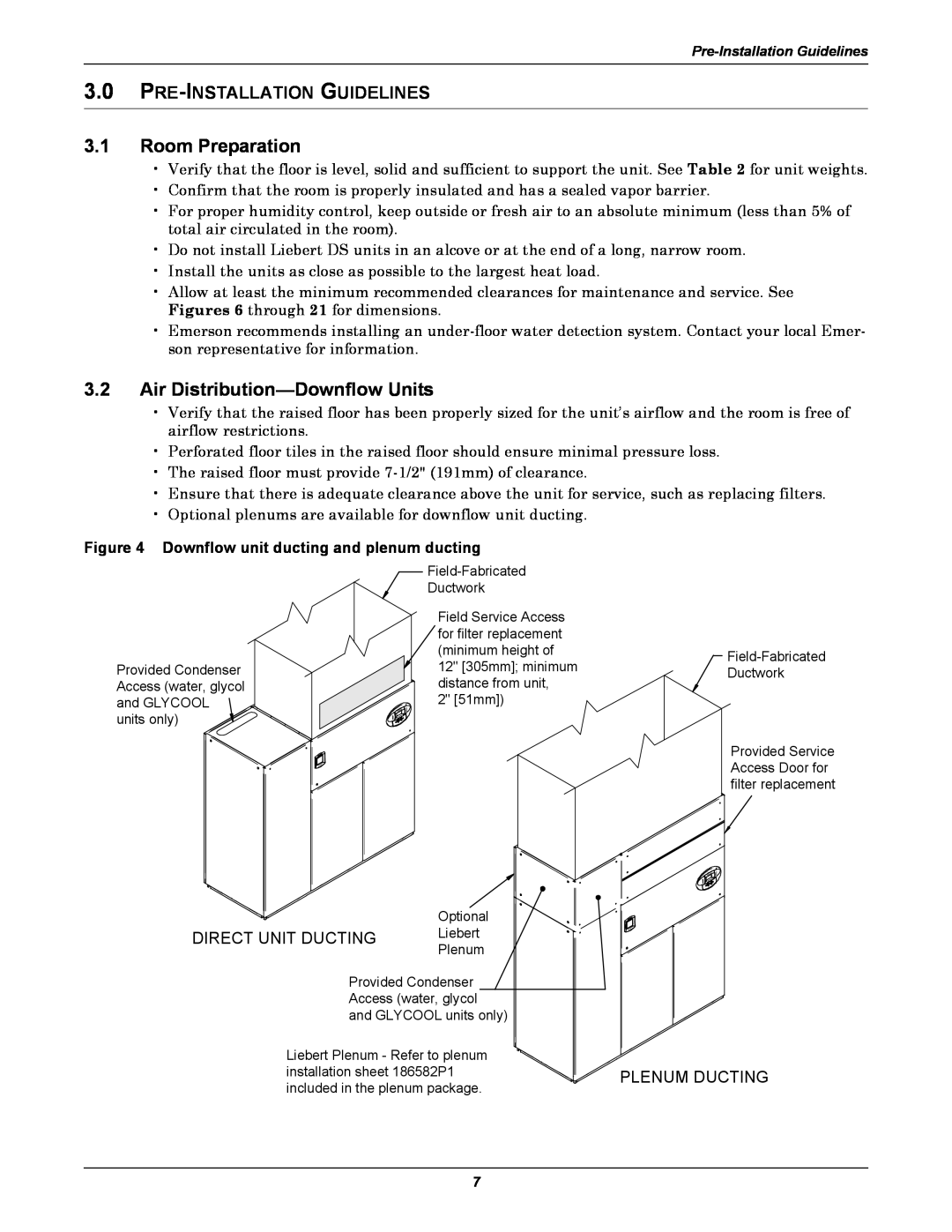 Liebert DS user manual Room Preparation, Air Distribution-Downflow Units, Pre-Installation Guidelines 