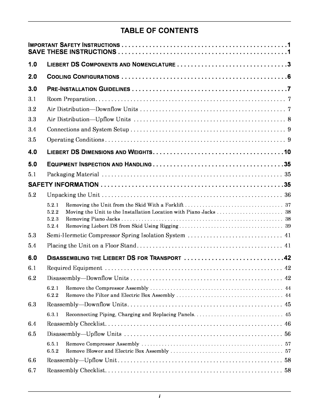 Liebert Table Of Contents, LIEBERT DS COMPONENTS AND NOMENCLATURE 2.0 COOLING CONFIGURATIONS, Safety Information 