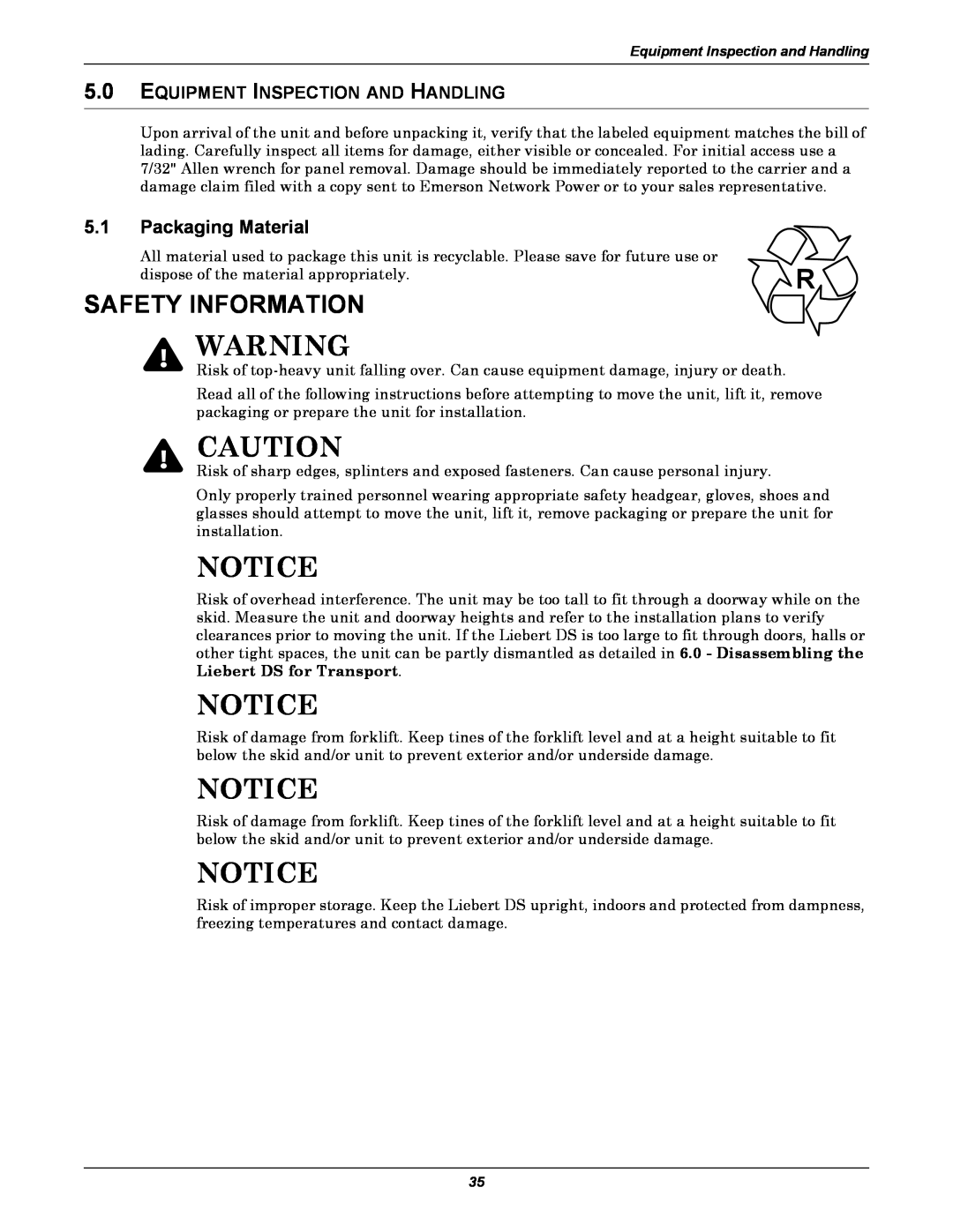 Liebert DS user manual Safety Information, Packaging Material, Equipment Inspection And Handling 