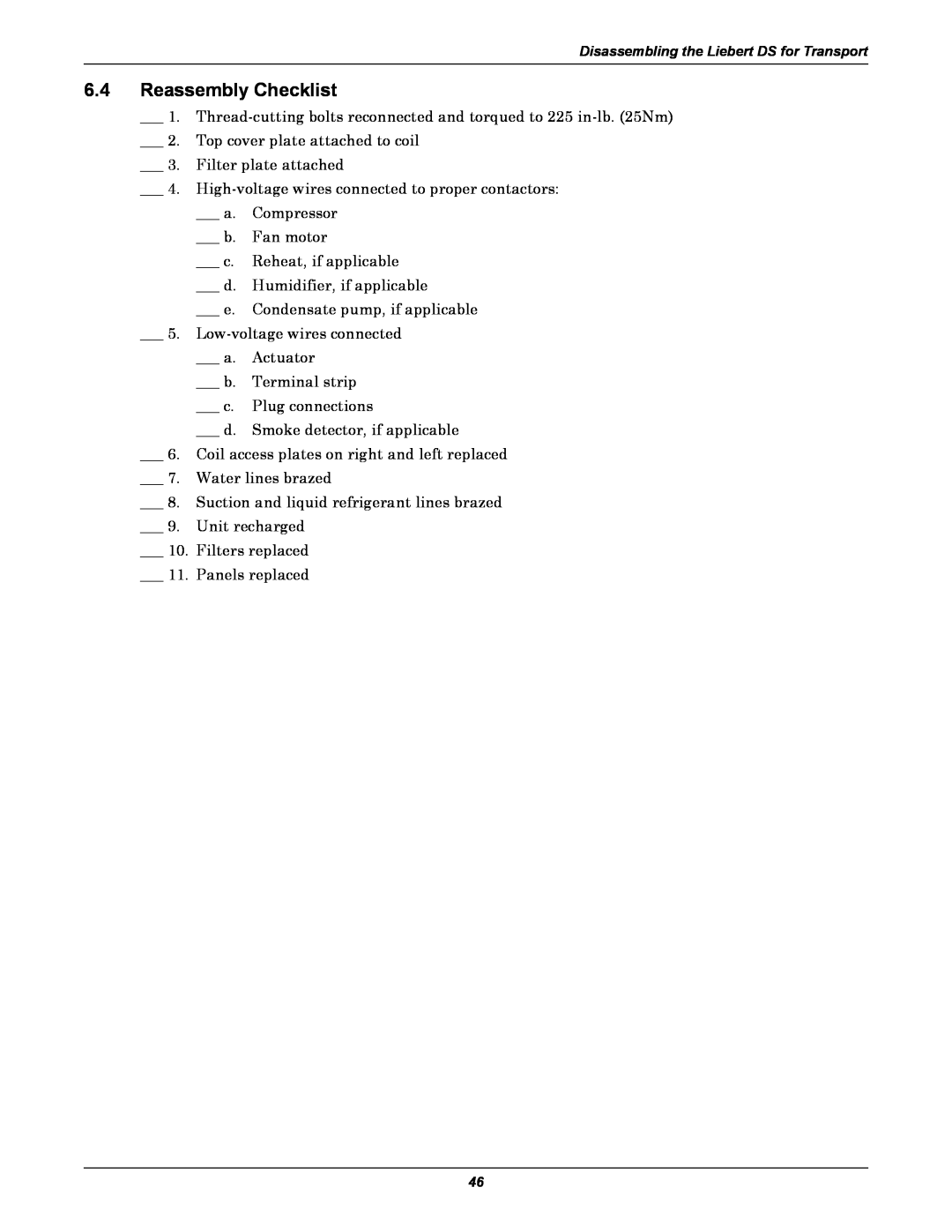 Liebert DS user manual Reassembly Checklist 