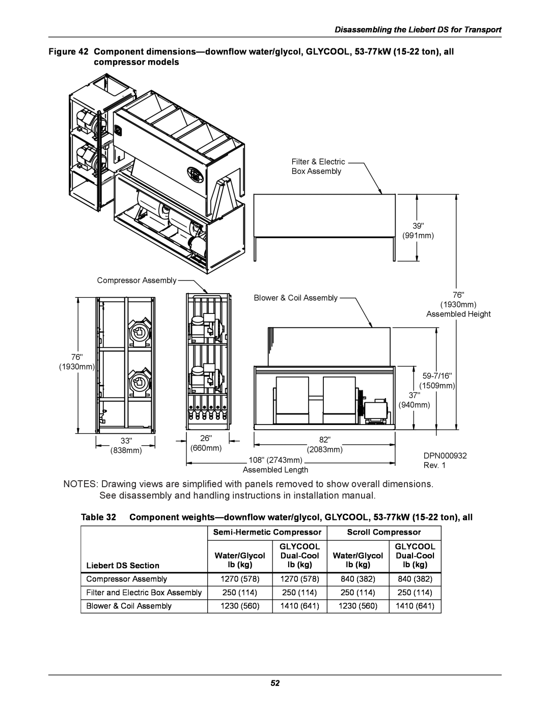 Liebert DS user manual Component dimensions-downflow water/glycol, GLYCOOL, 53-77kW 15-22 ton, all compressor models 
