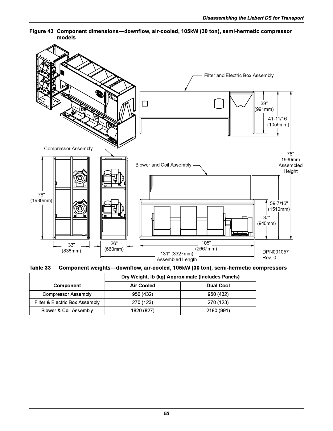 Liebert DS user manual Component dimensions-downflow, air-cooled, 105kW 30 ton, semi-hermetic compressor models 