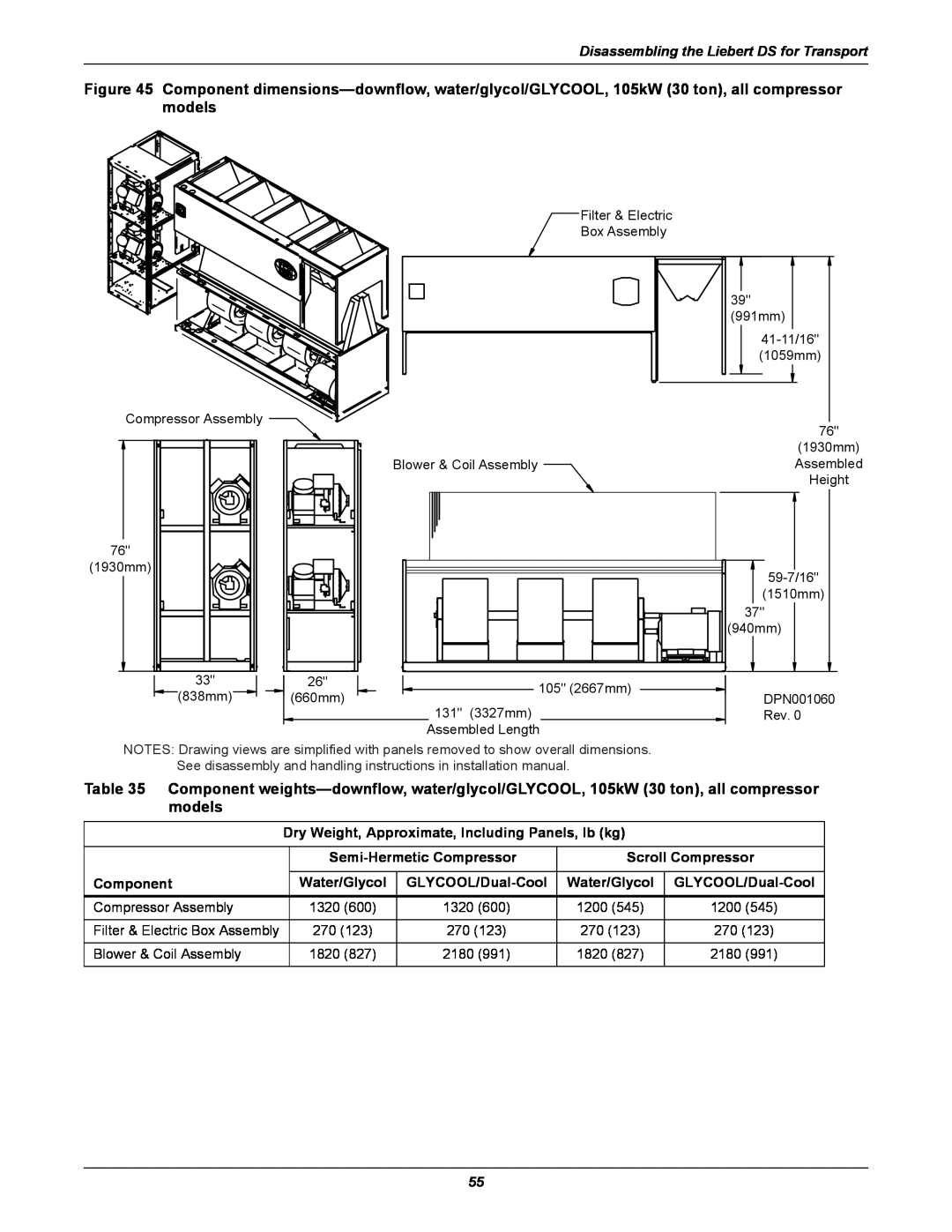 Liebert DS user manual Component dimensions-downflow, water/glycol/GLYCOOL, 105kW 30 ton, all compressor models 