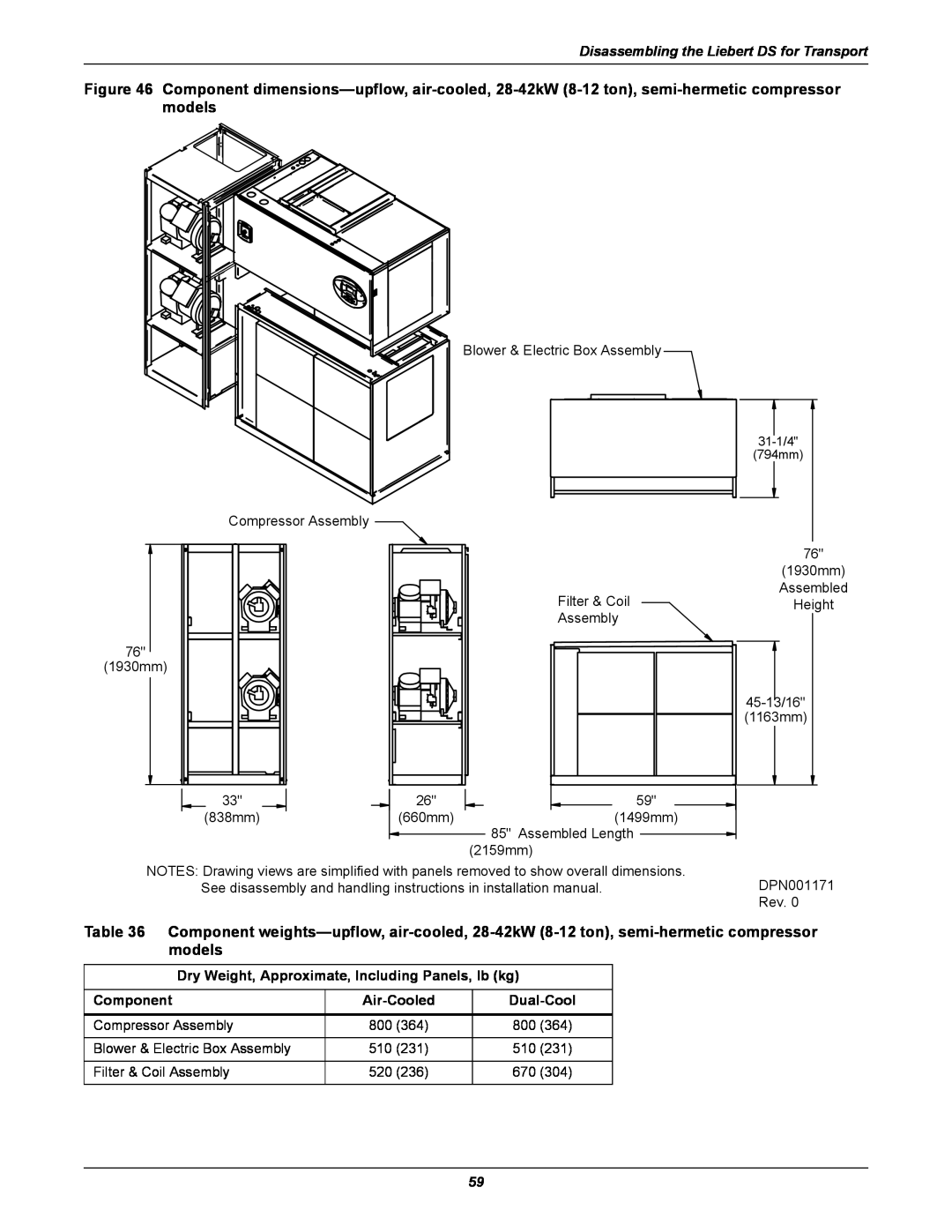 Liebert DS user manual Component dimensions-upflow, air-cooled, 28-42kW 8-12 ton, semi-hermetic compressor models 