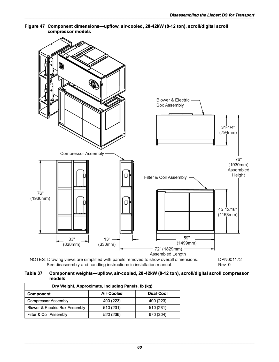 Liebert DS user manual Component dimensions-upflow, air-cooled, 28-42kW 8-12 ton, scroll/digital scroll compressor models 