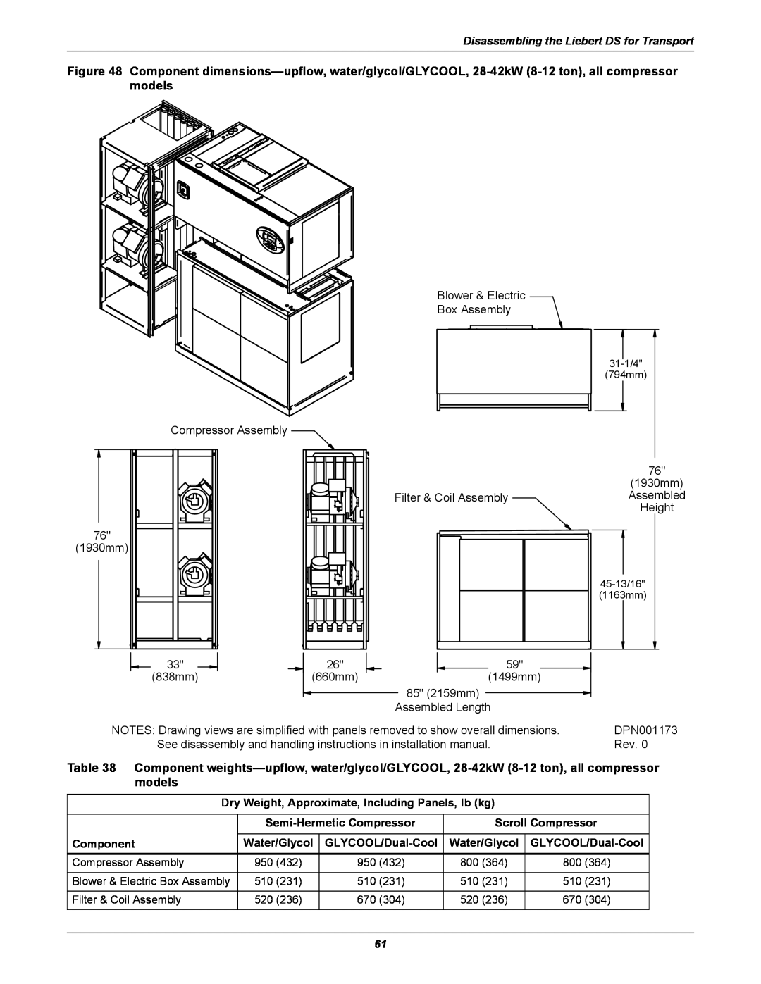 Liebert DS user manual Component dimensions-upflow, water/glycol/GLYCOOL, 28-42kW 8-12 ton, all compressor models 