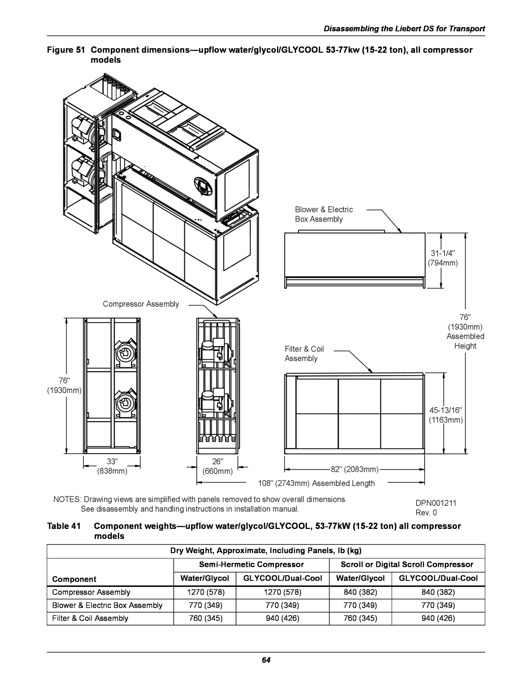 Liebert DS user manual Component dimensions-upflow water/glycol/GLYCOOL 53-77kw 15-22 ton, all compressor models 
