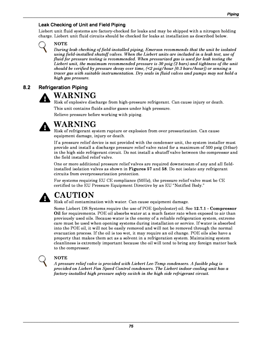 Liebert DS user manual Refrigeration Piping, Leak Checking of Unit and Field Piping 