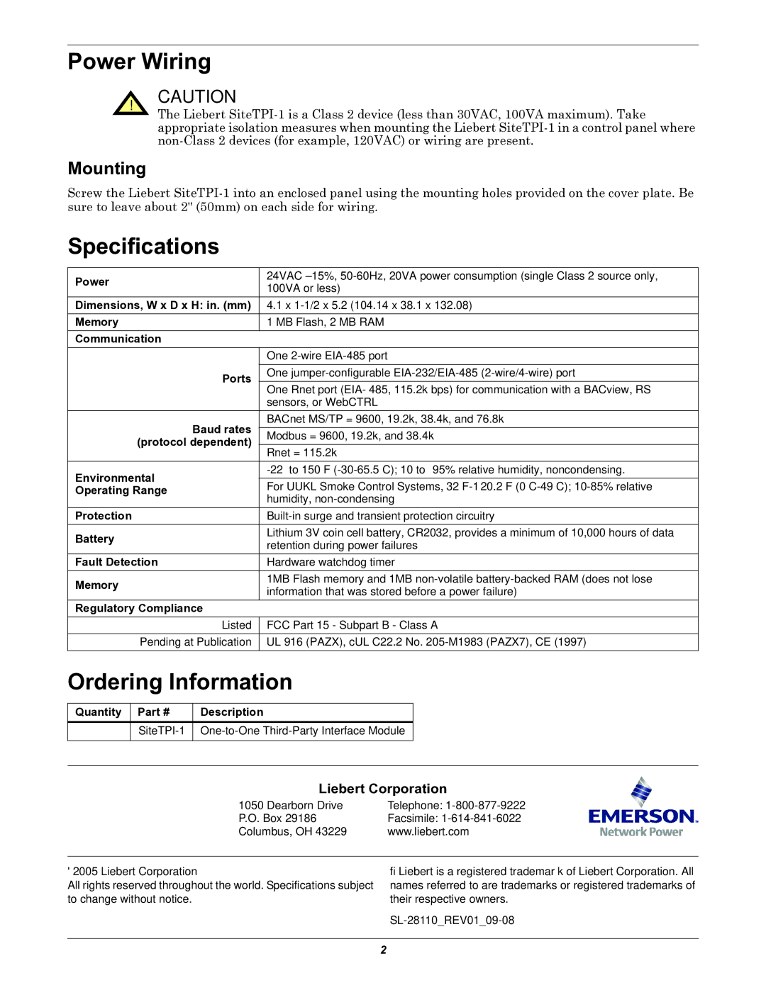 Liebert EIA-485/232 dimensions Power Wiring, Specifications, Ordering Information 