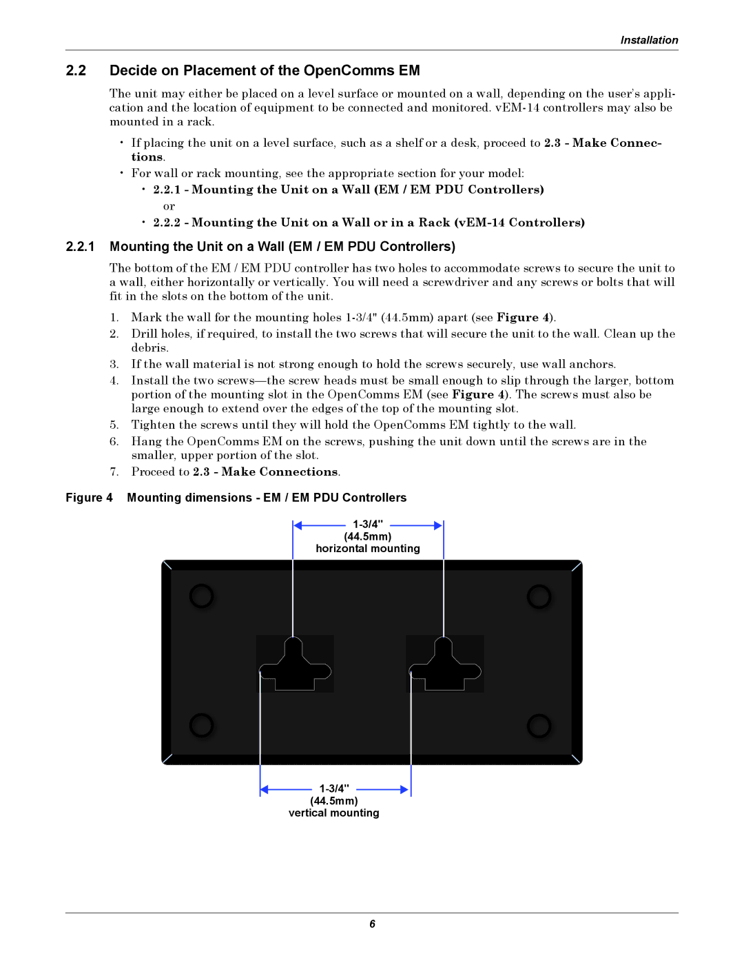 Liebert manual Decide on Placement of the OpenComms EM, Mounting the Unit on a Wall EM / EM PDU Controllers 