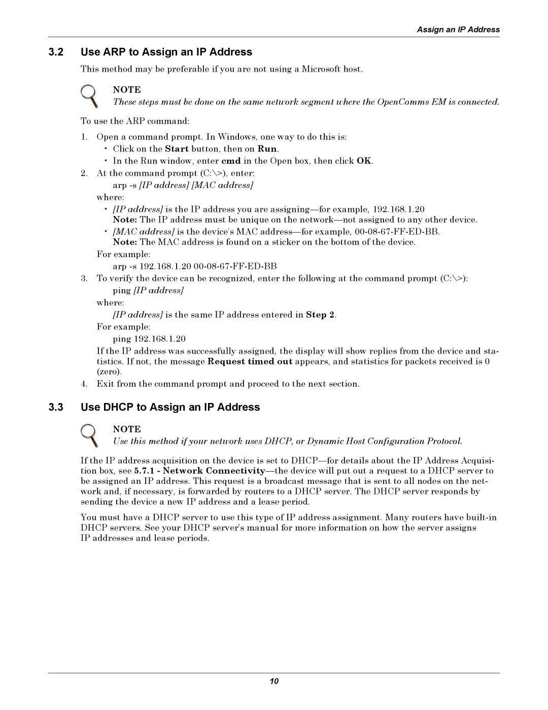 Liebert EM manual Use ARP to Assign an IP Address, Use Dhcp to Assign an IP Address 