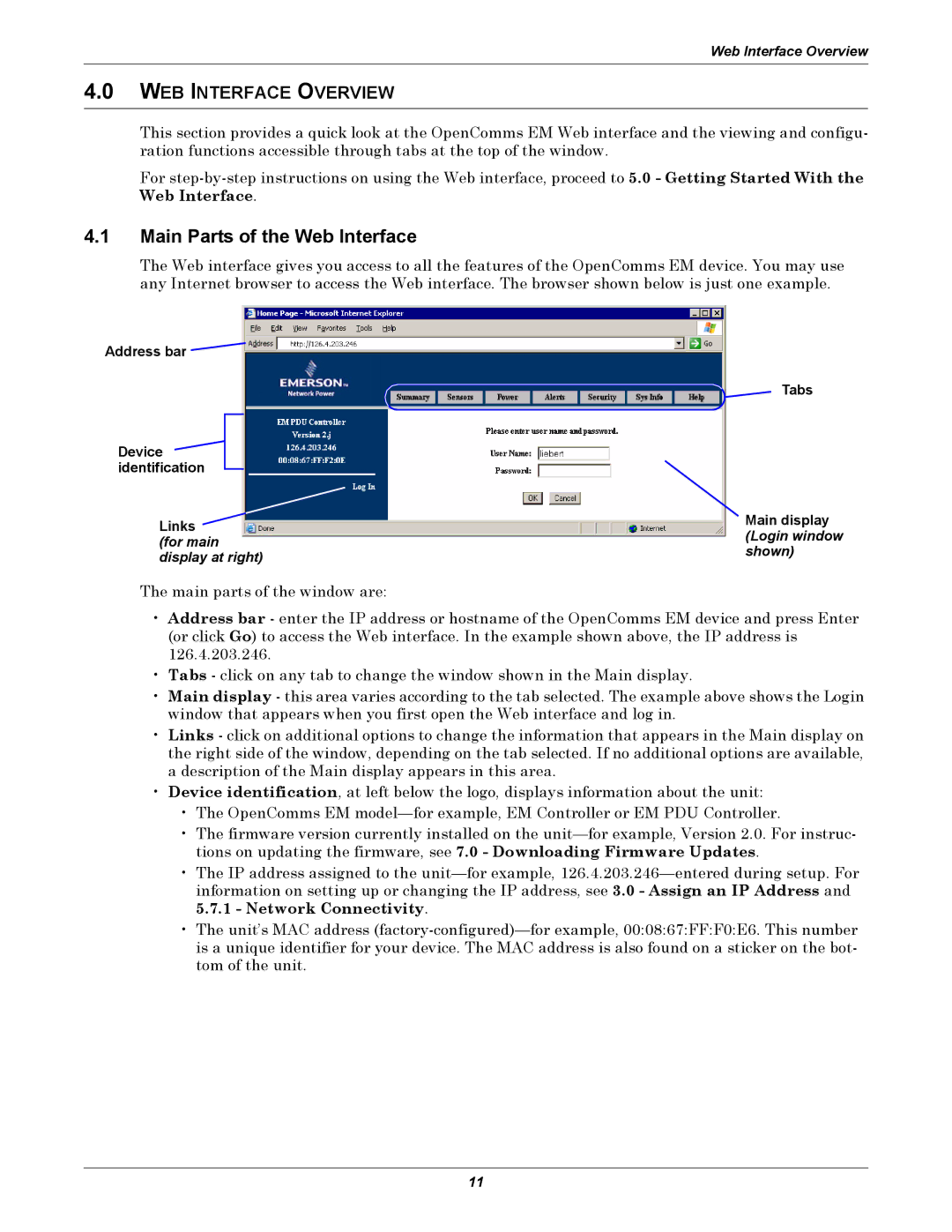 Liebert EM manual Main Parts of the Web Interface, WEB Interface Overview 