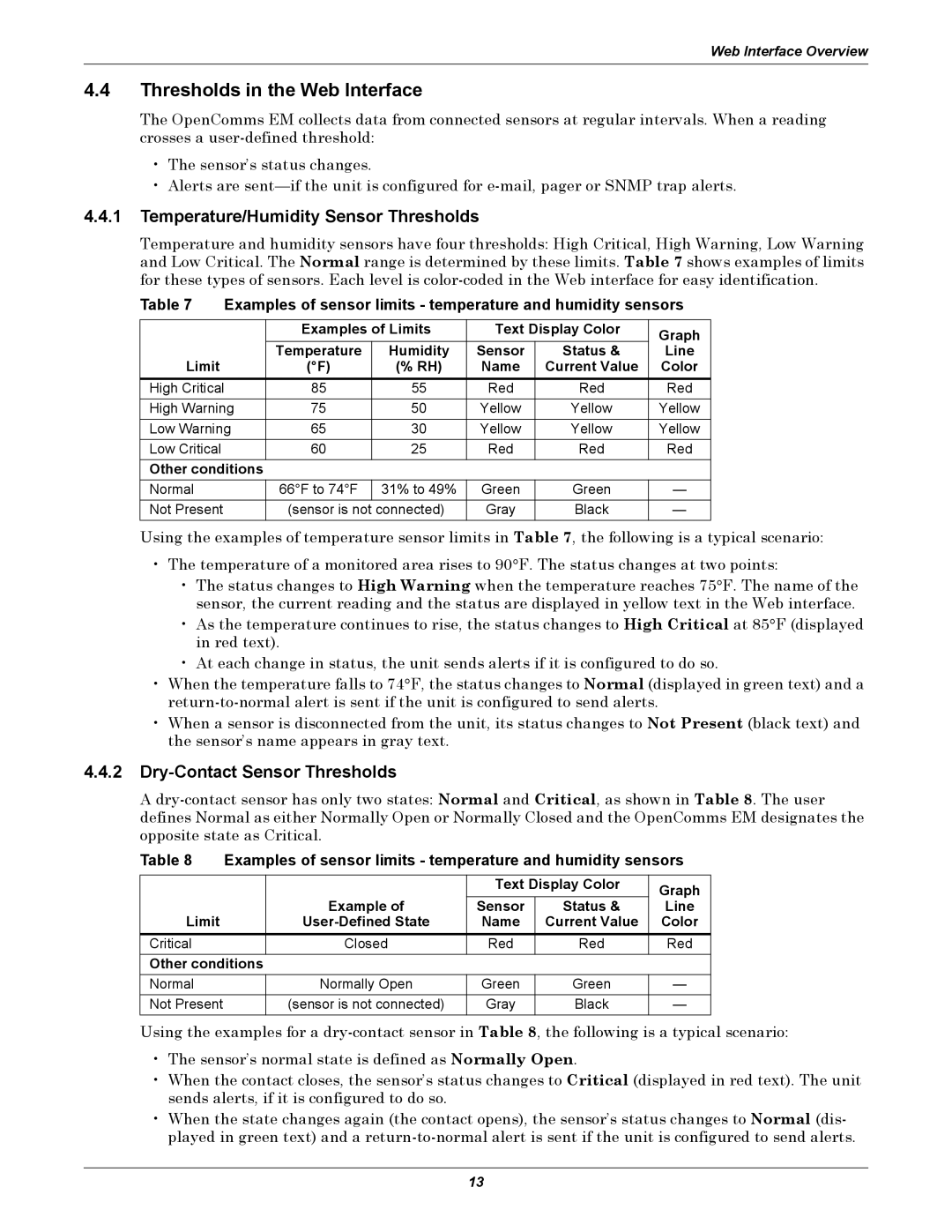 Liebert EM manual Thresholds in the Web Interface, Temperature/Humidity Sensor Thresholds, Dry-Contact Sensor Thresholds 