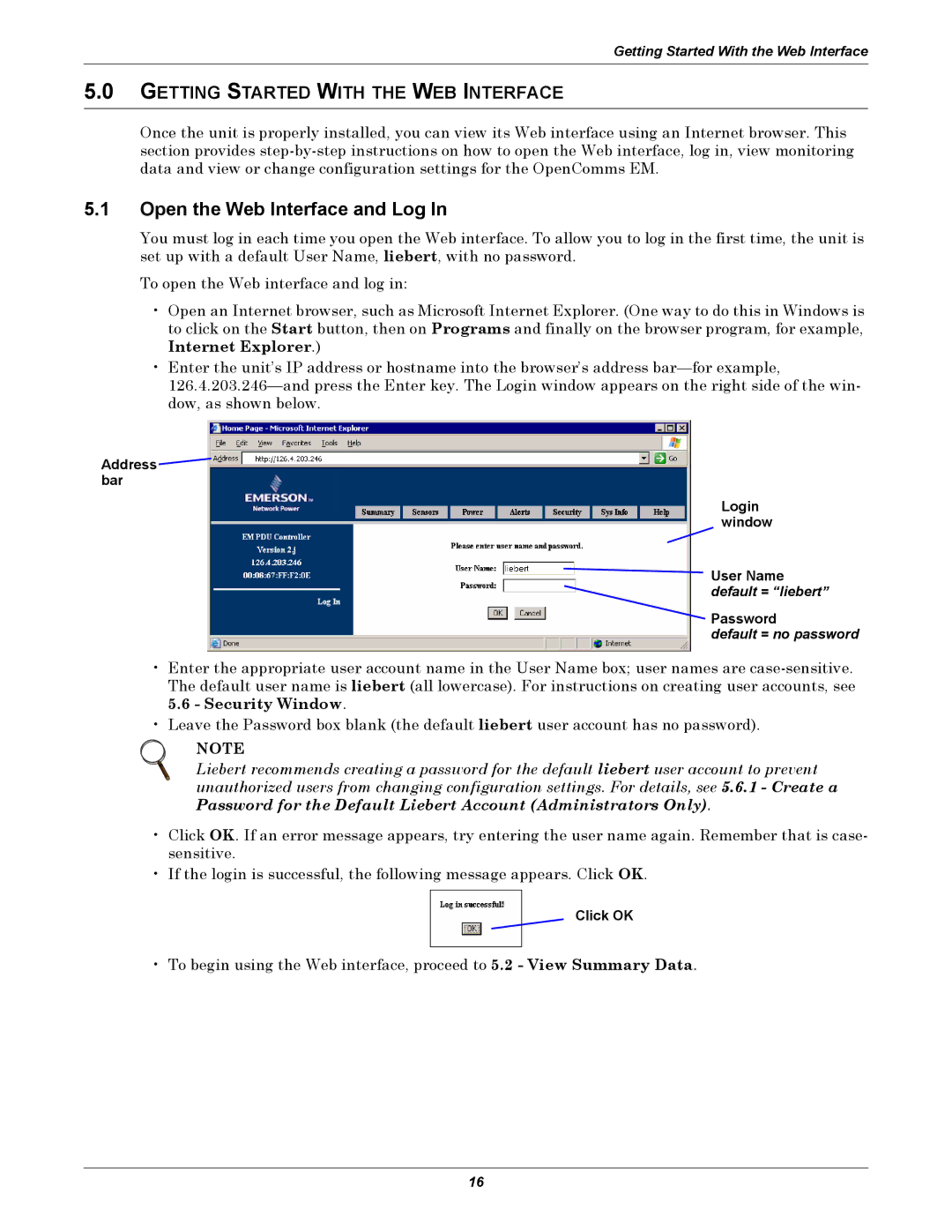 Liebert EM Open the Web Interface and Log, Getting Started with the WEB Interface, Address bar Login window User Name 