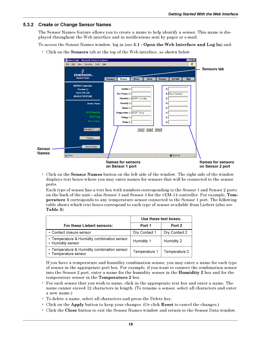 Liebert EM manual Create or Change Sensor Names, Sensors tab Names Names for sensors, On Sensor 1 port On Sensor 2 port 