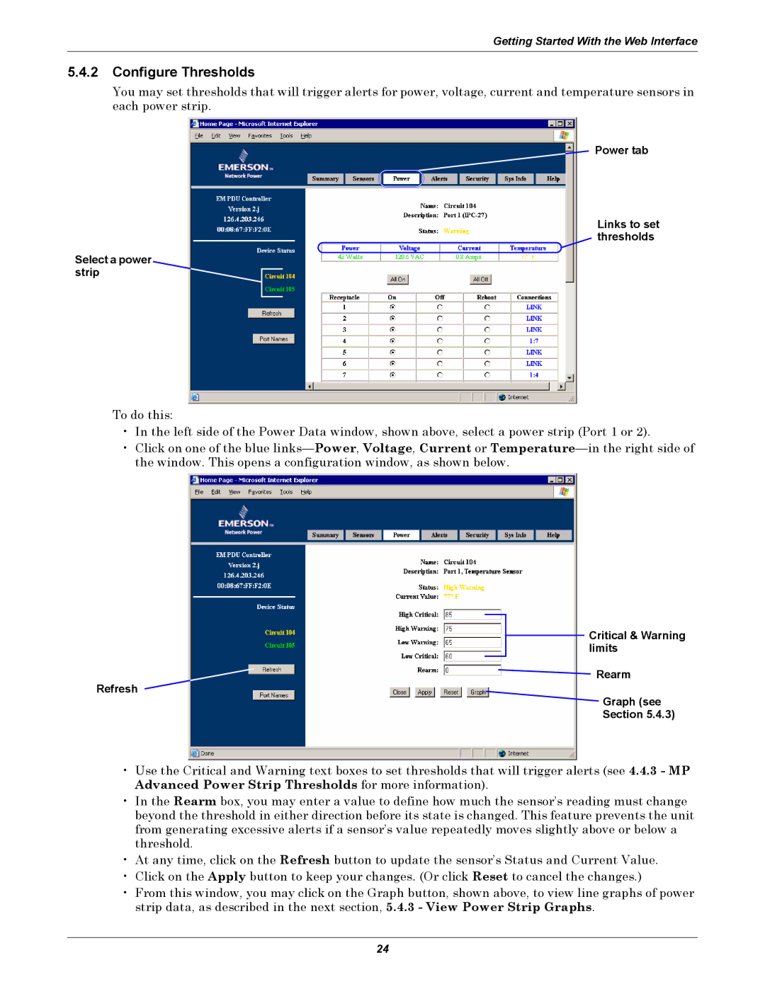 Liebert EM manual Configure Thresholds, Power tab Links to set thresholds Select a power strip 