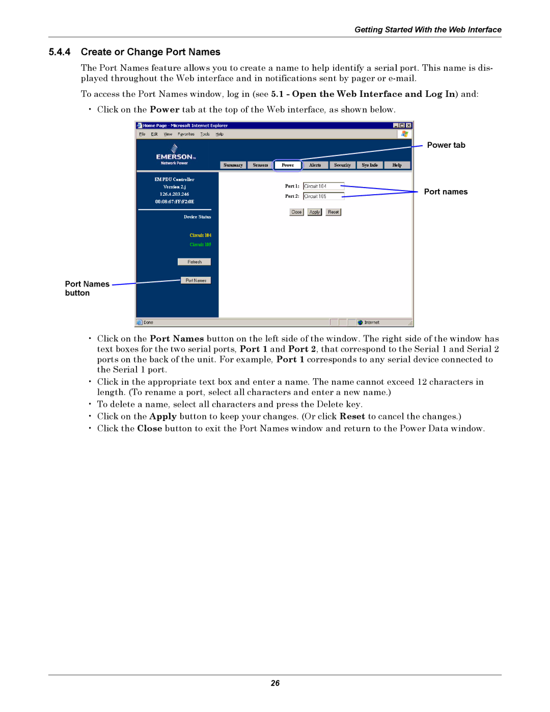 Liebert EM manual Create or Change Port Names, Power tab Port names 