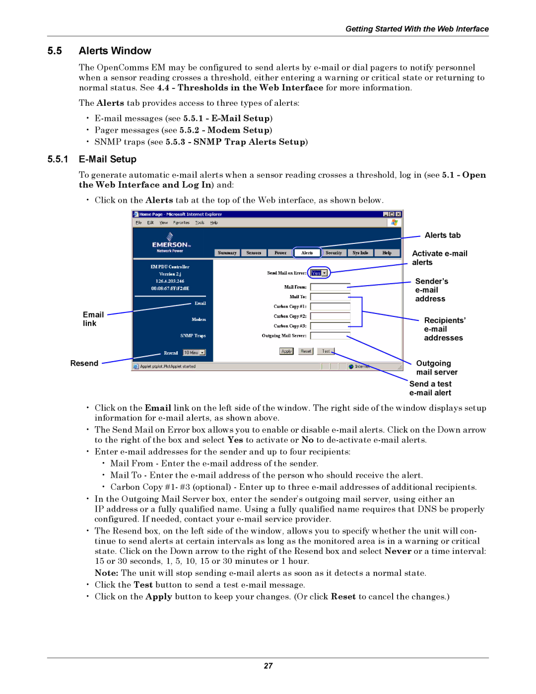 Liebert EM manual Alerts Window, Mail Setup 