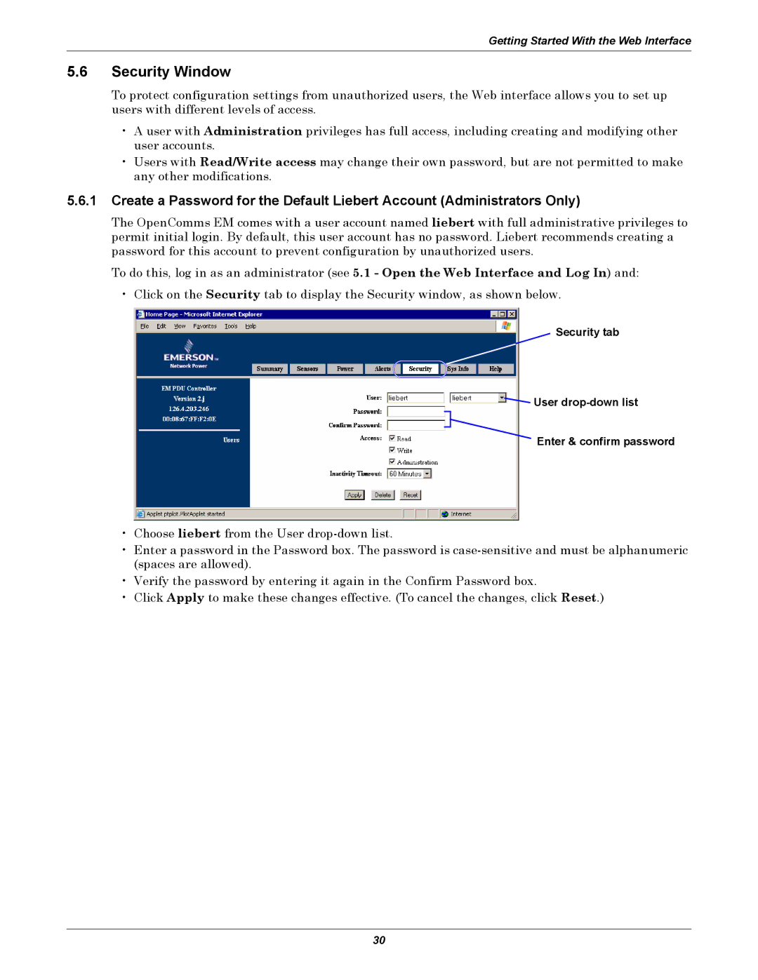 Liebert EM manual Security Window, Security tab User drop-down list Enter & confirm password 