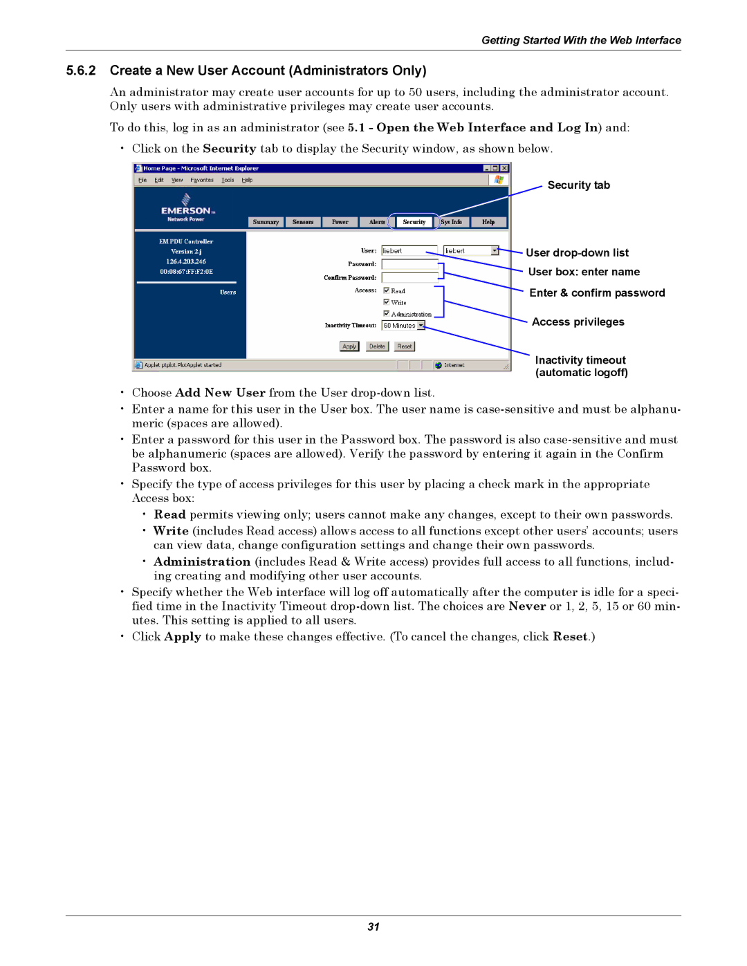 Liebert EM manual Create a New User Account Administrators Only 