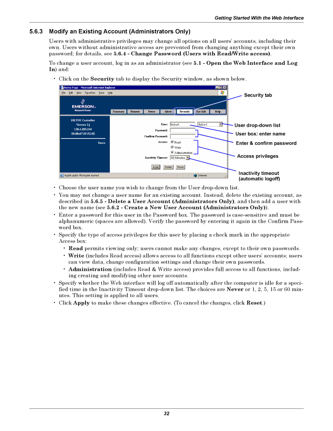 Liebert EM manual Modify an Existing Account Administrators Only 