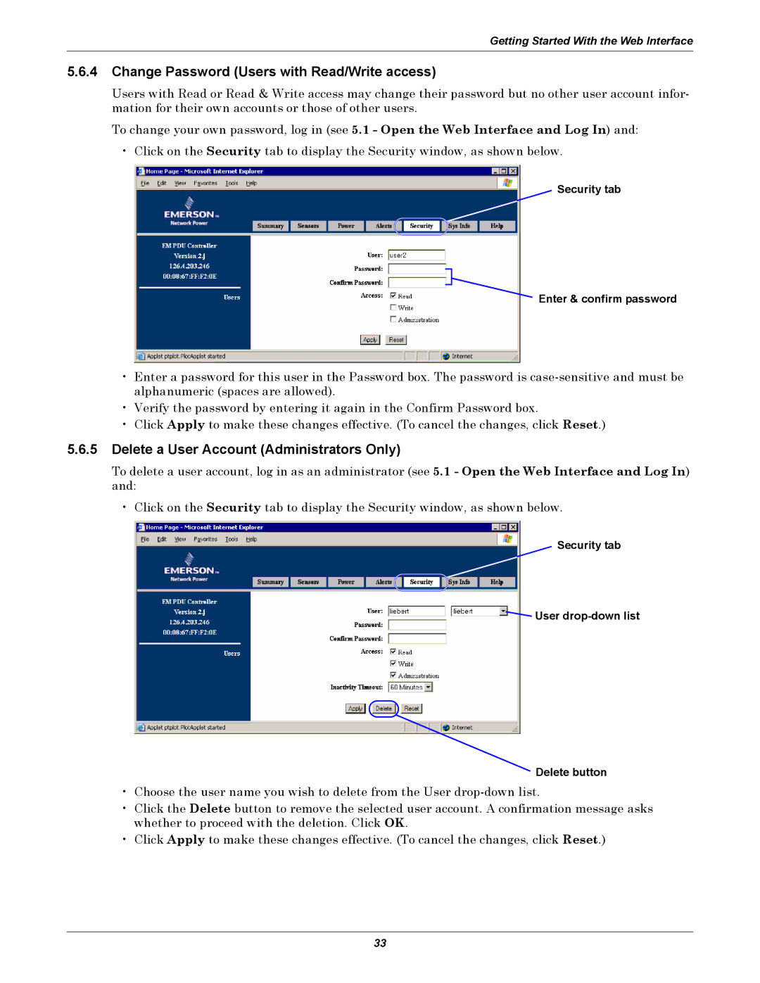 Liebert EM manual Change Password Users with Read/Write access, Delete a User Account Administrators Only 