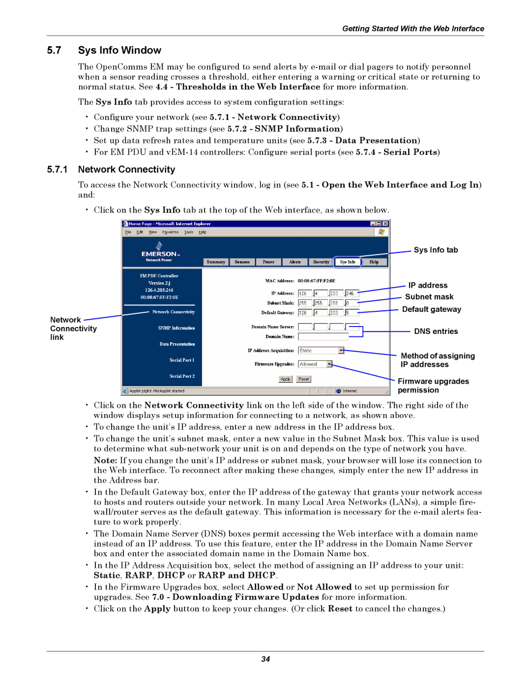 Liebert EM manual Sys Info Window, Network Connectivity, Sys Info tab, Default gateway 