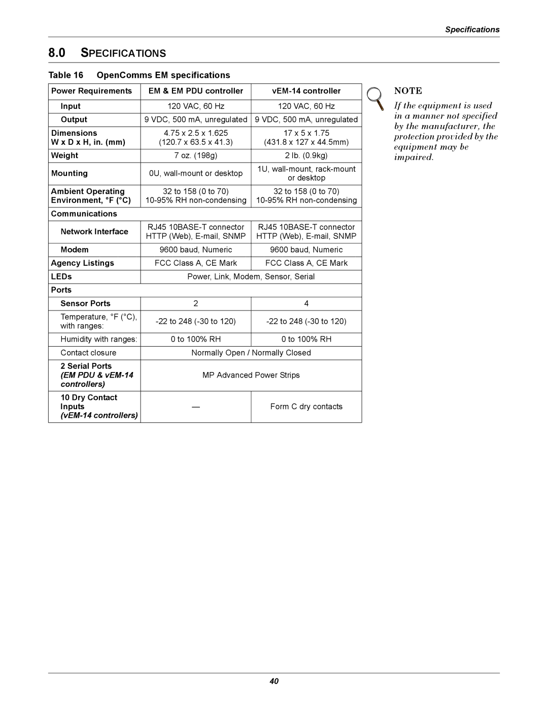 Liebert manual Specifications, OpenComms EM specifications 