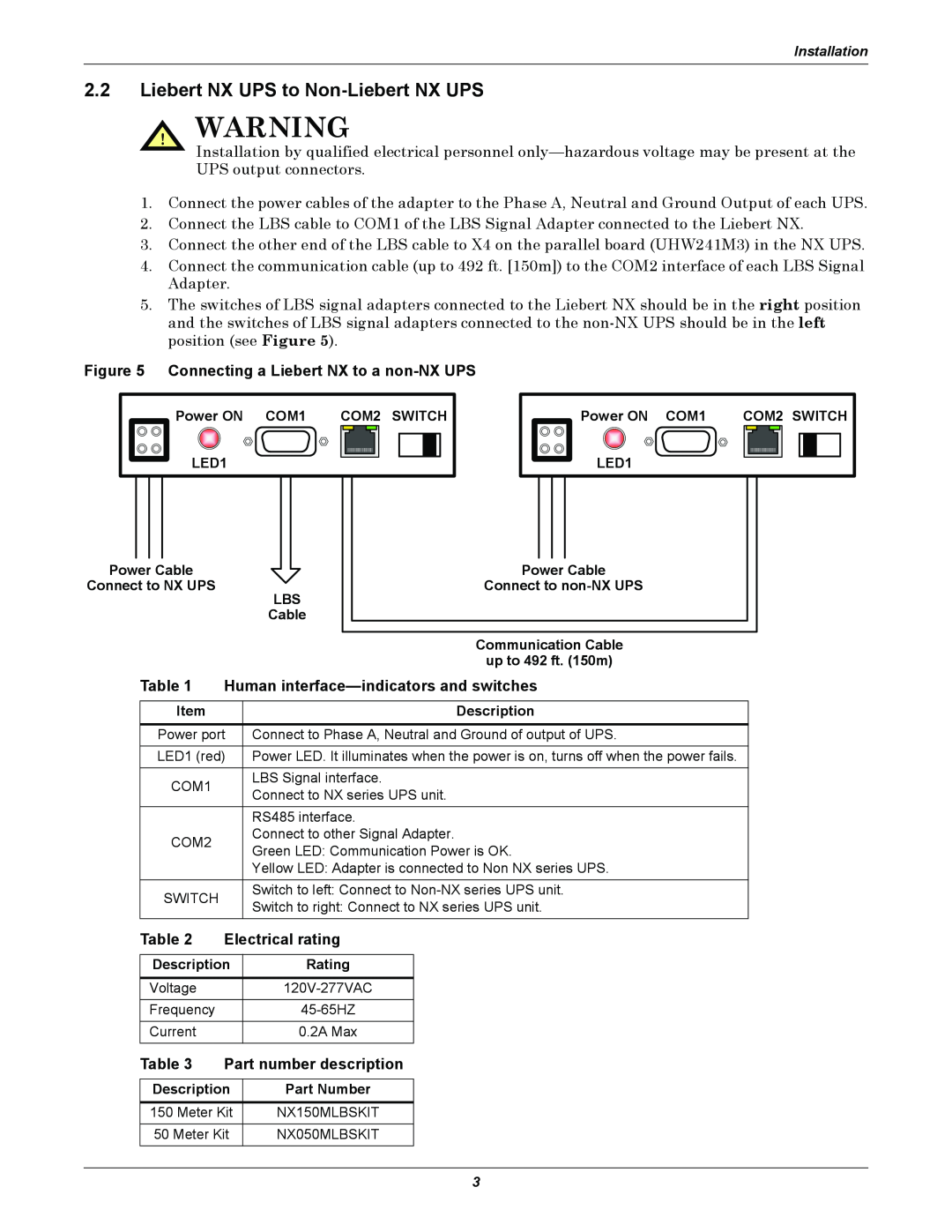 Liebert Extender/Adapter Liebert NX UPS to Non-Liebert NX UPS, Connecting a Liebert NX to a non-NX UPS, Electrical rating 