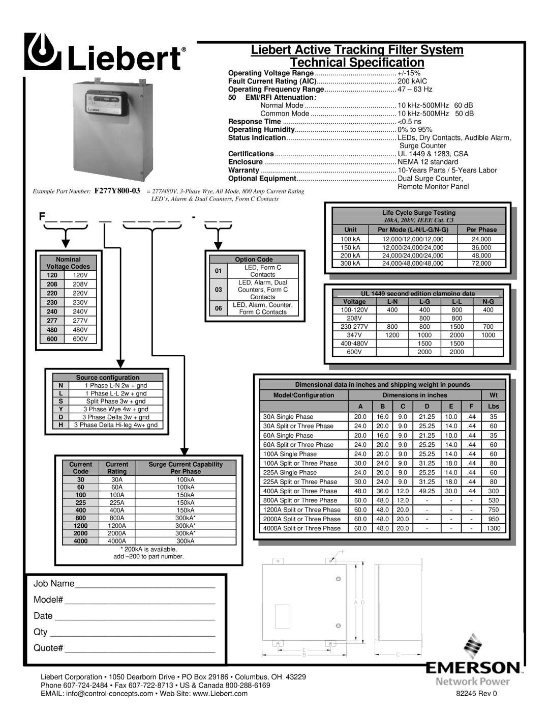 Liebert F277Y800-03 warranty Liebert Active Tracking Filter System, Technical Specification, EMI/RFI Attenuation 