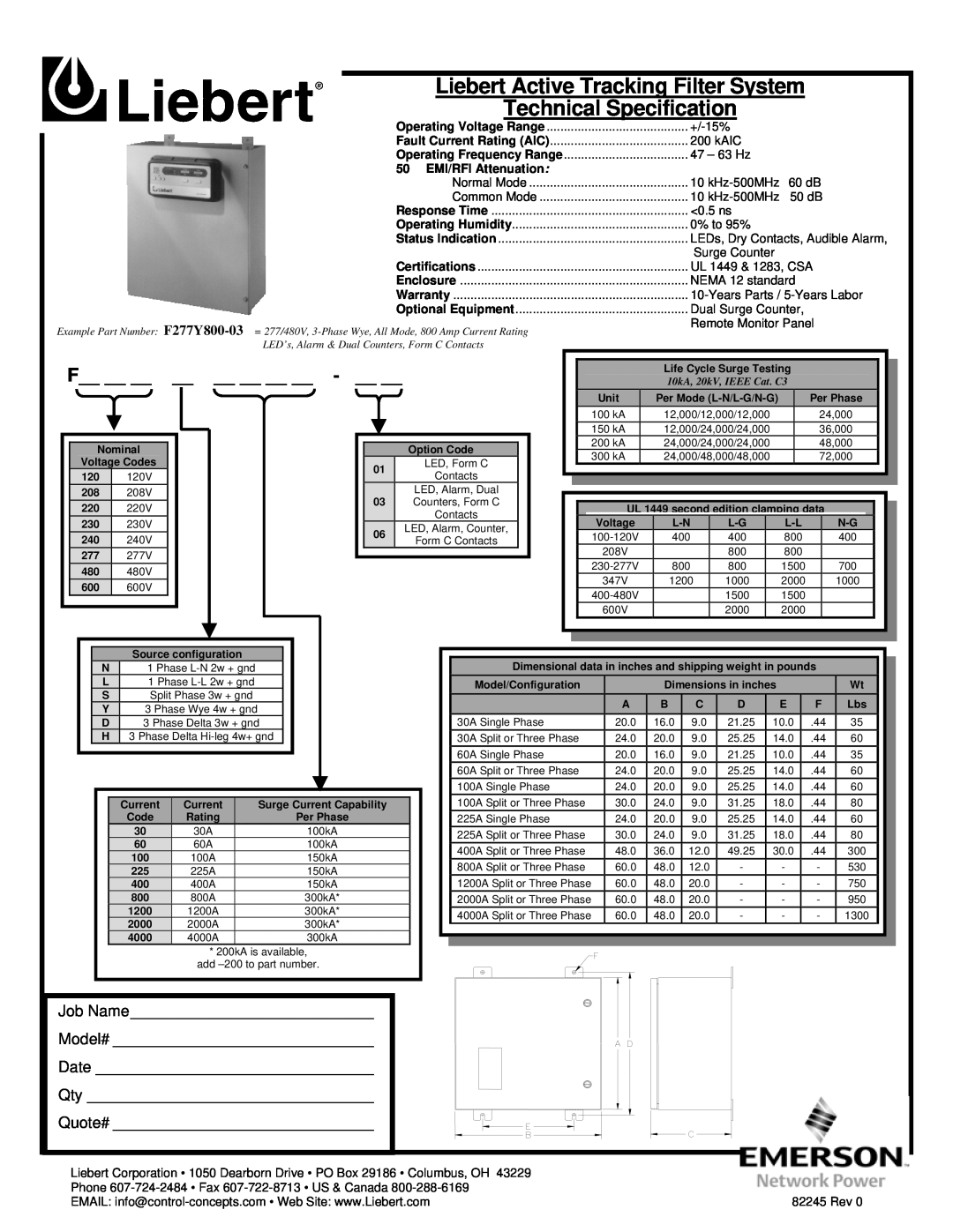 Liebert F277Y800-03 warranty Liebert Active Tracking Filter System, Technical Specification, EMI/RFI Attenuation 