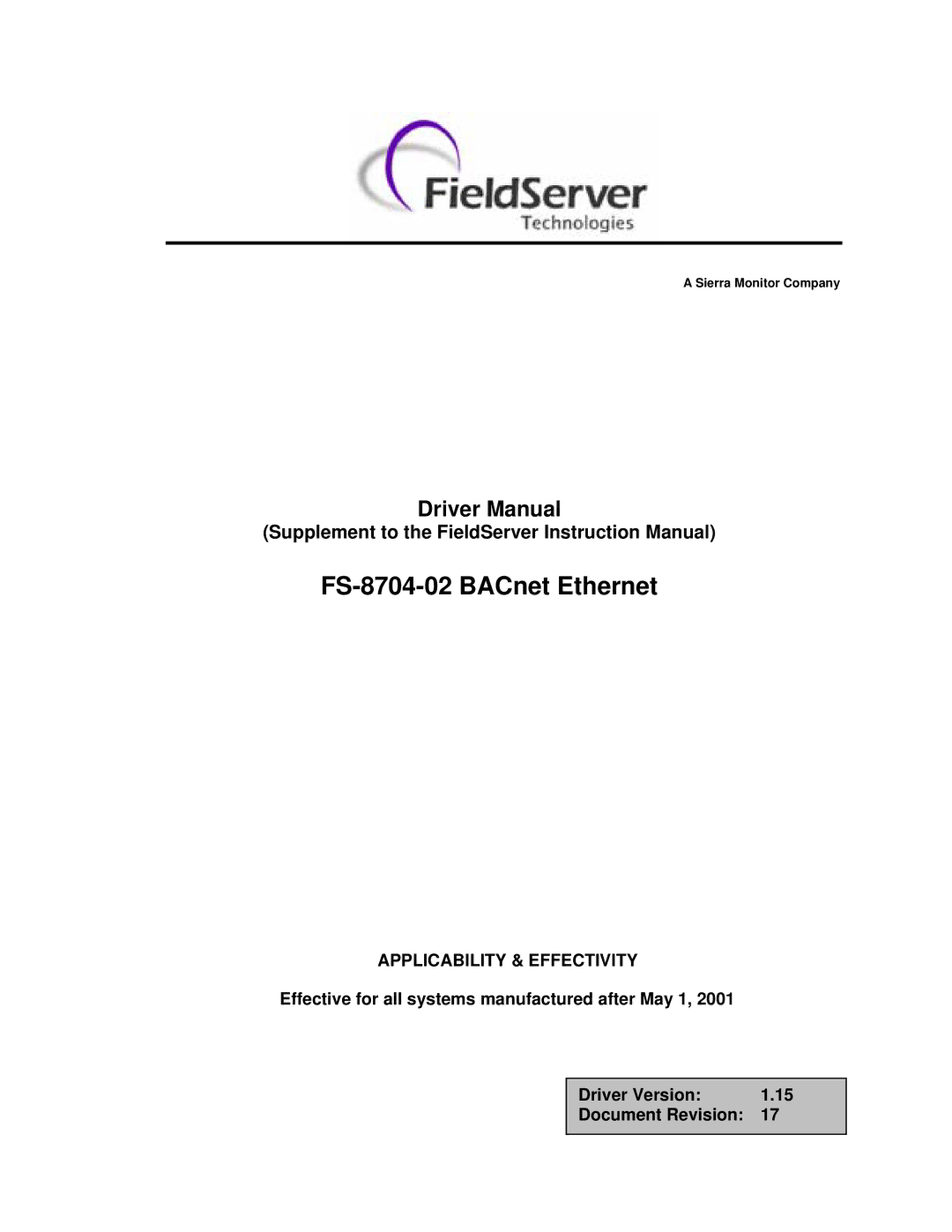 Liebert instruction manual FS-8704-02 BACnet Ethernet 