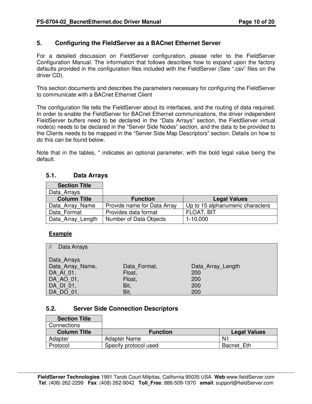 Liebert FS-8704-02 Configuring the FieldServer as a BACnet Ethernet Server, Server Side Connection Descriptors 