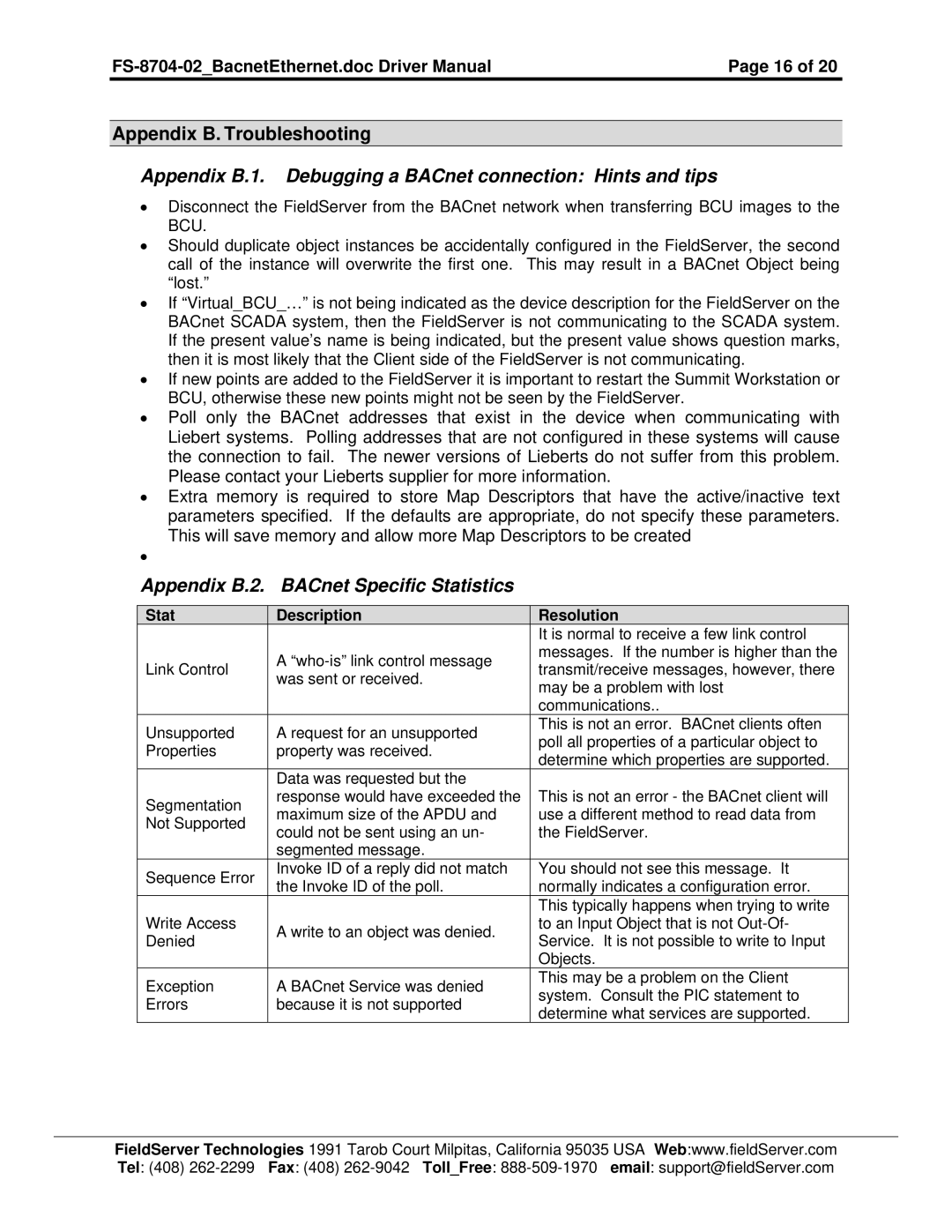 Liebert FS-8704-02 Appendix B. Troubleshooting, Appendix B.1. Debugging a BACnet connection Hints and tips 