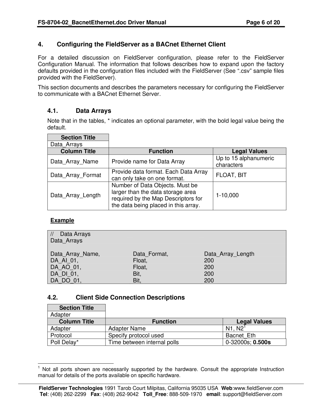 Liebert FS-8704-02 instruction manual Configuring the FieldServer as a BACnet Ethernet Client, Data Arrays 